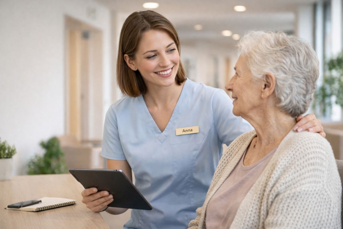 Freelancerin aus der Pflege betreut ältere Frau und nutzt ein Tablet