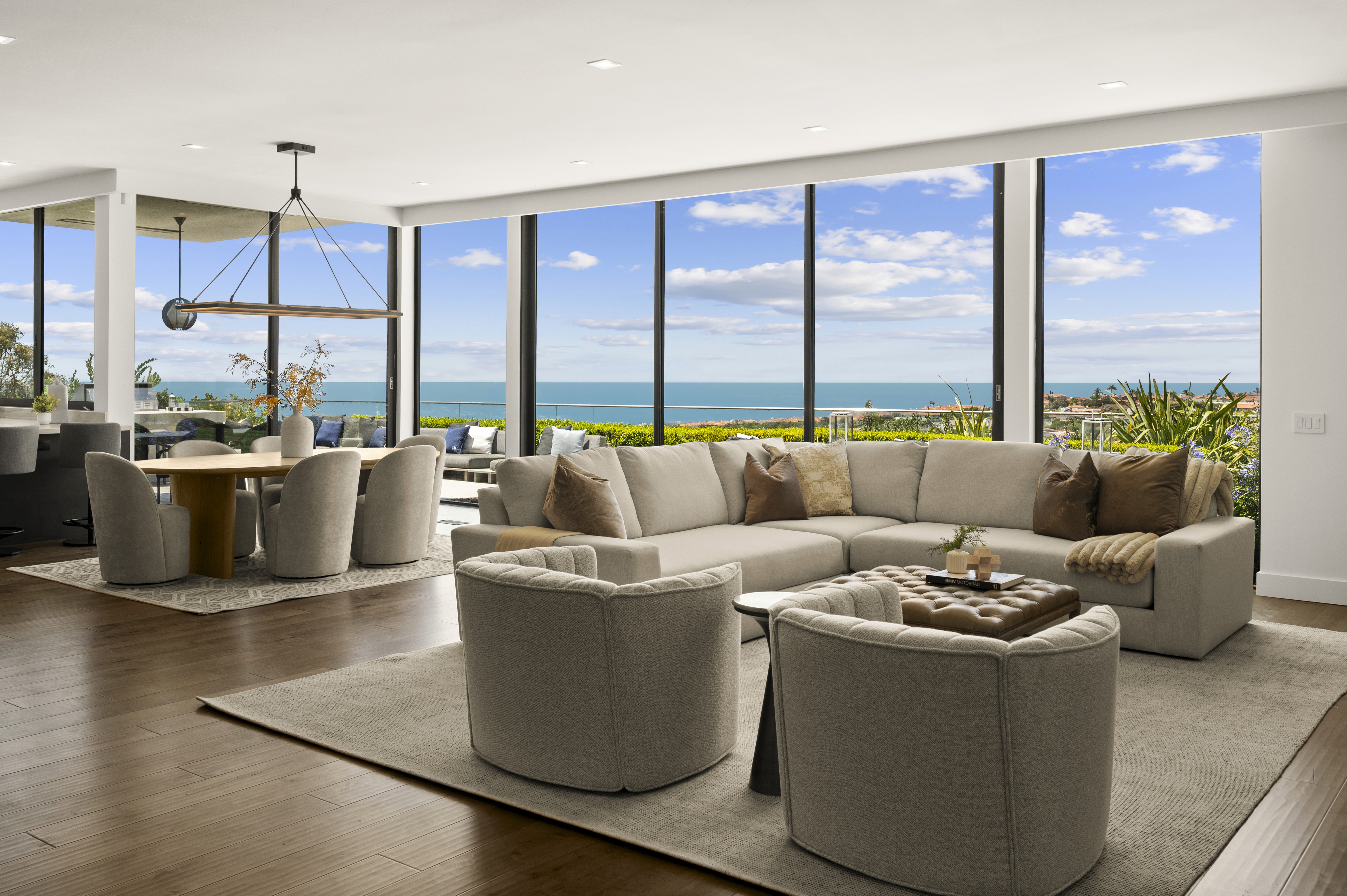 Professionally staged open-plan living and dining room