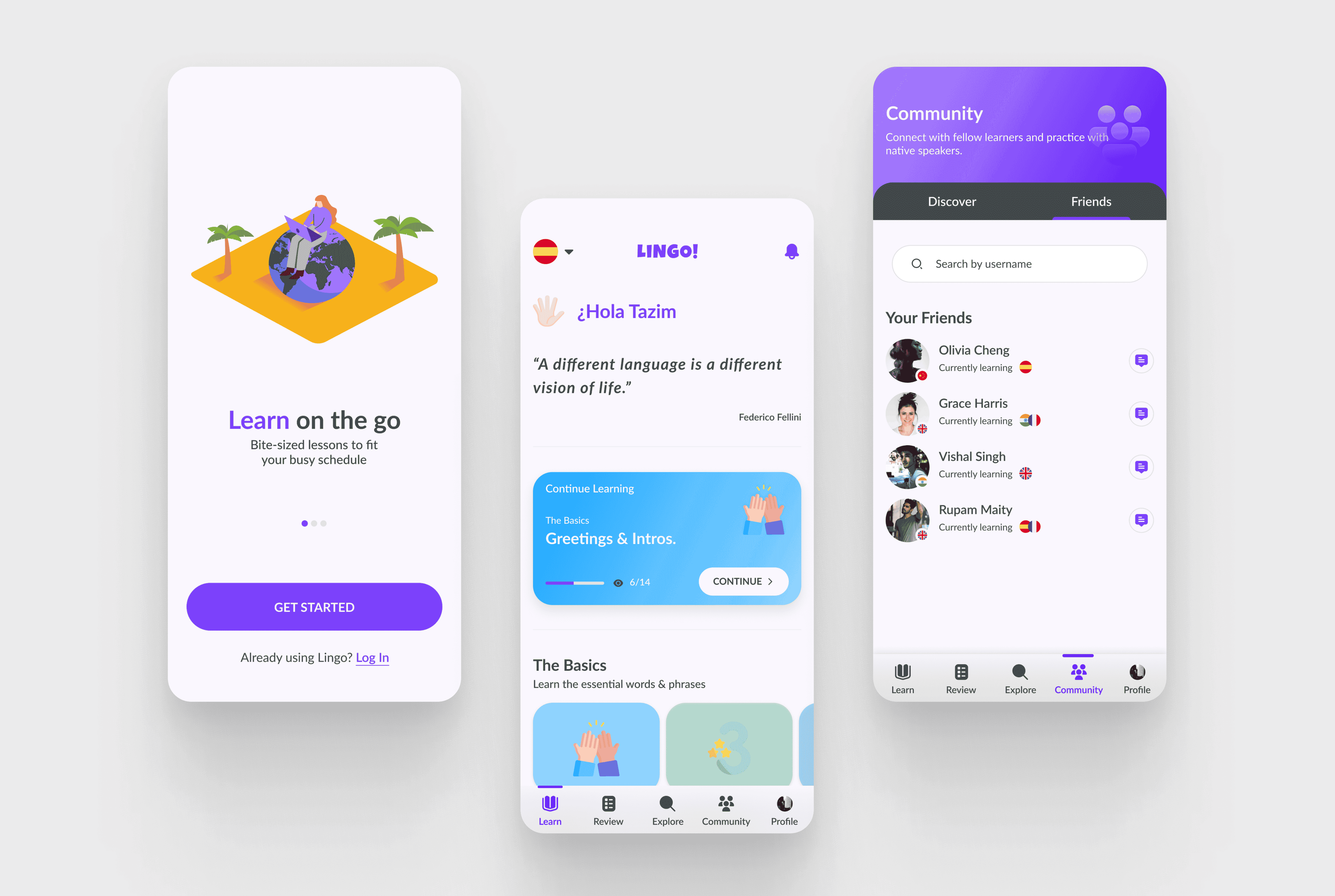 3 mobile screens for a language learning app