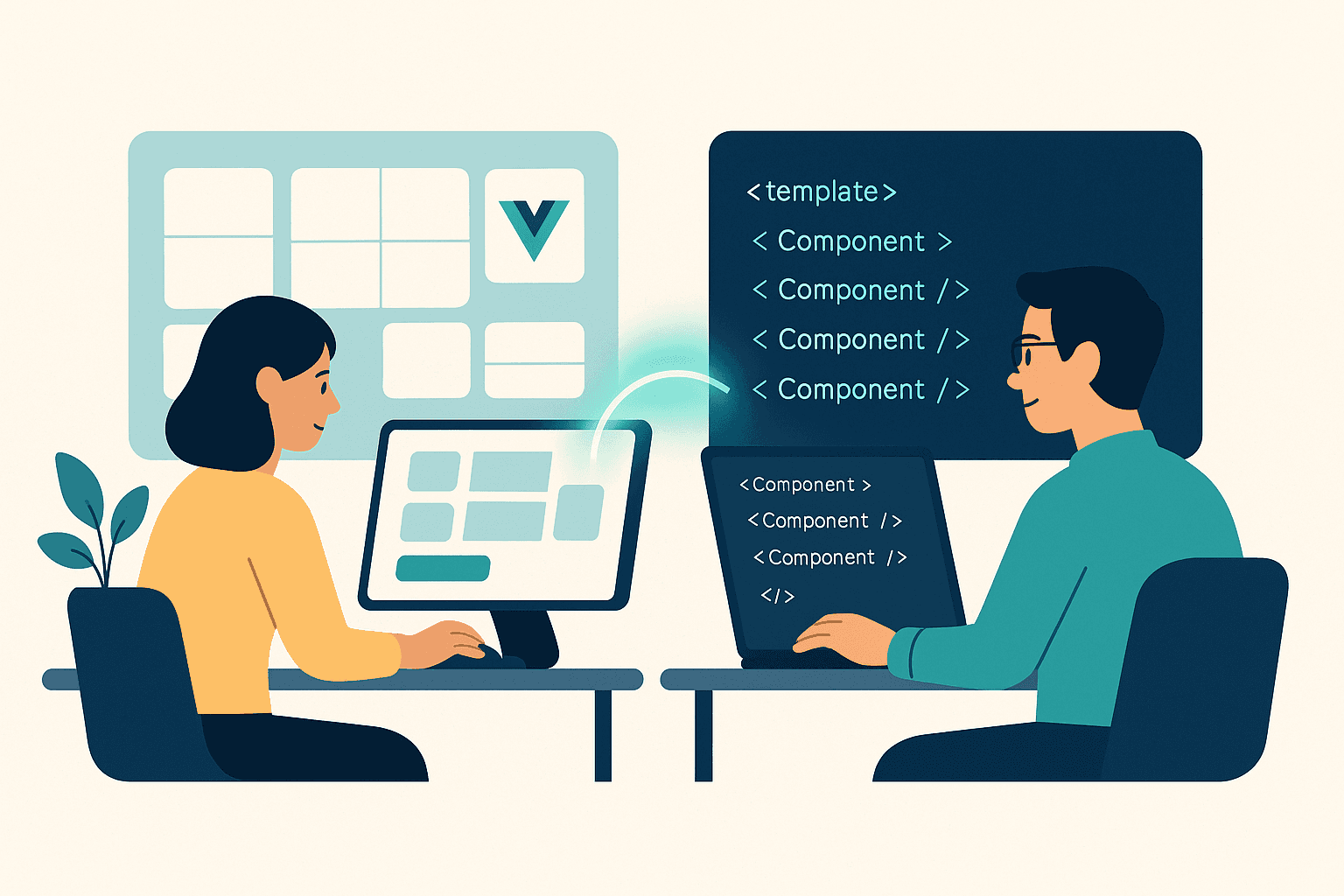“Flat illustration showing PreVue connecting visual UI layouts to generated Vue code, symbolizing faster prototyping and seamless design-to-development workflow.”