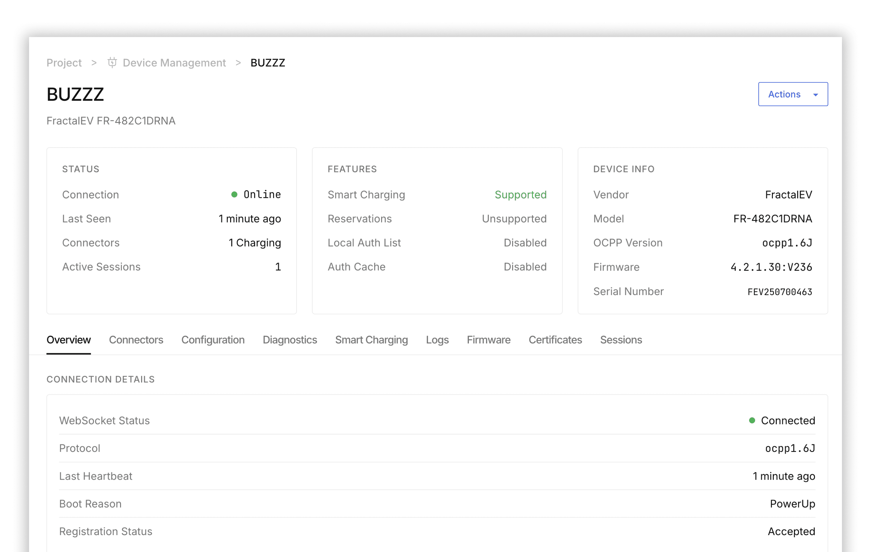 Device management screen showing a charger's online status and connection details.