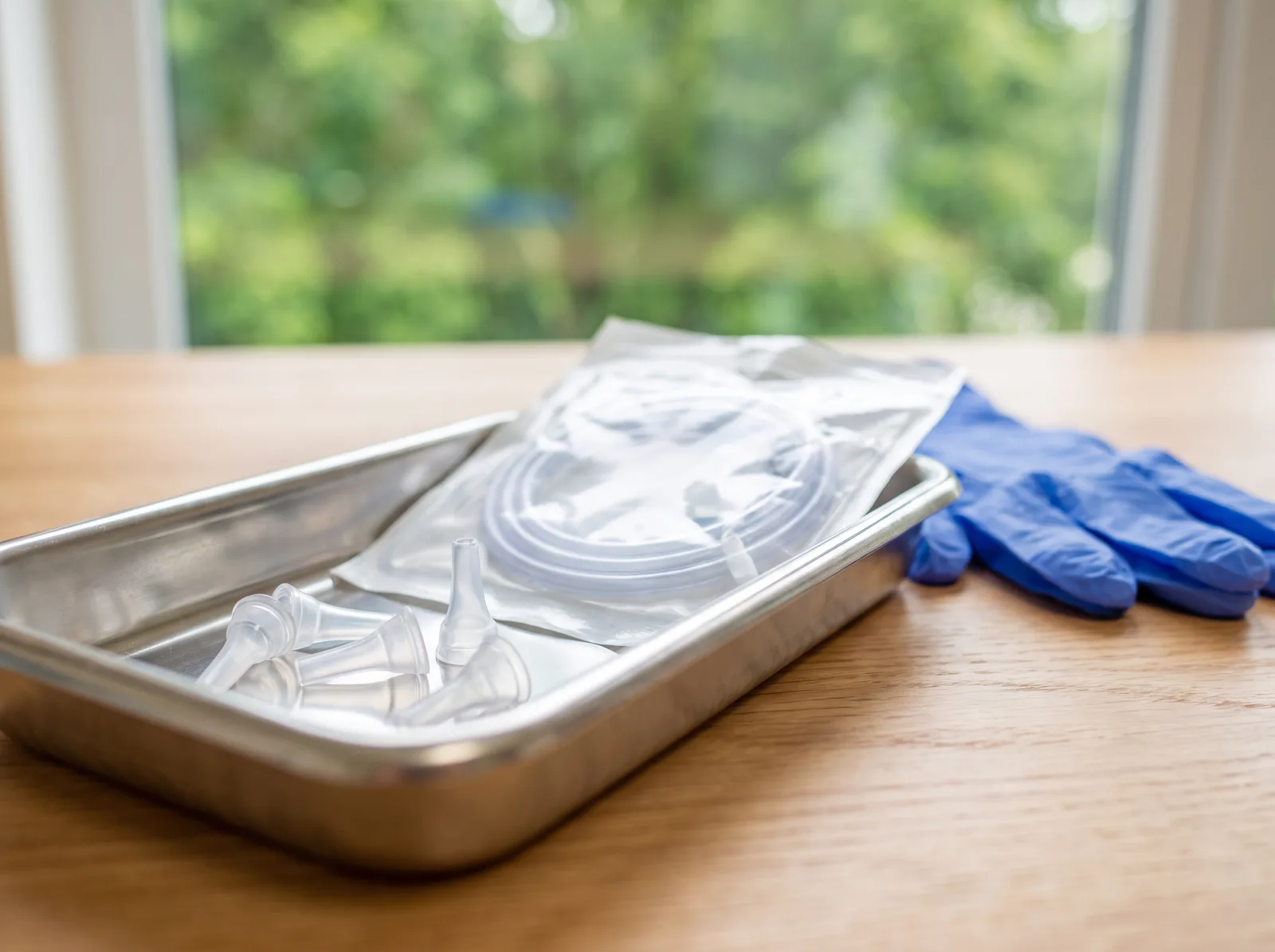 Single-use ear speculum tips and sterile suction tubing on a steel tray