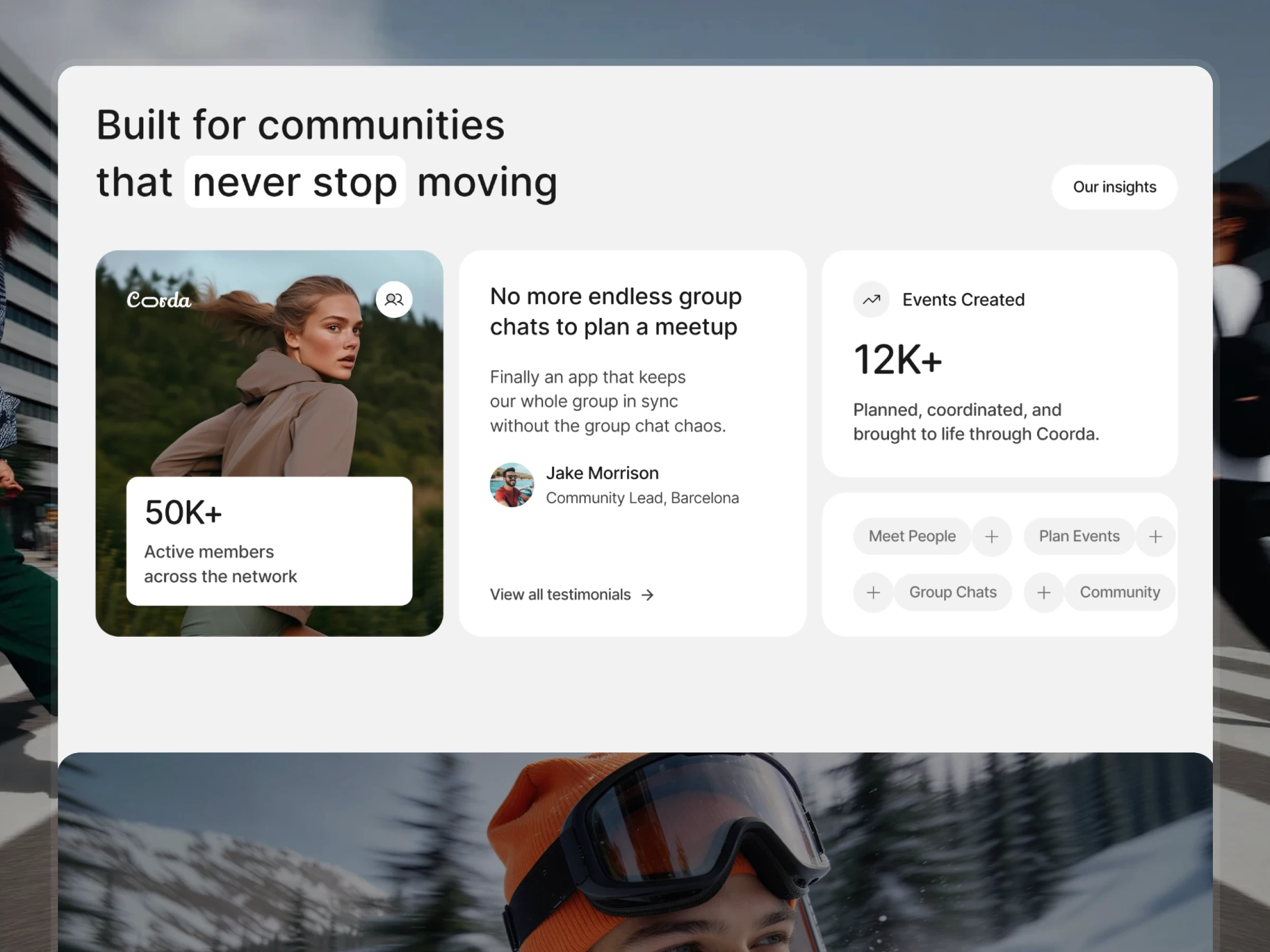 Coorda Framer template social proof section with testimonial, stats, and community features grid