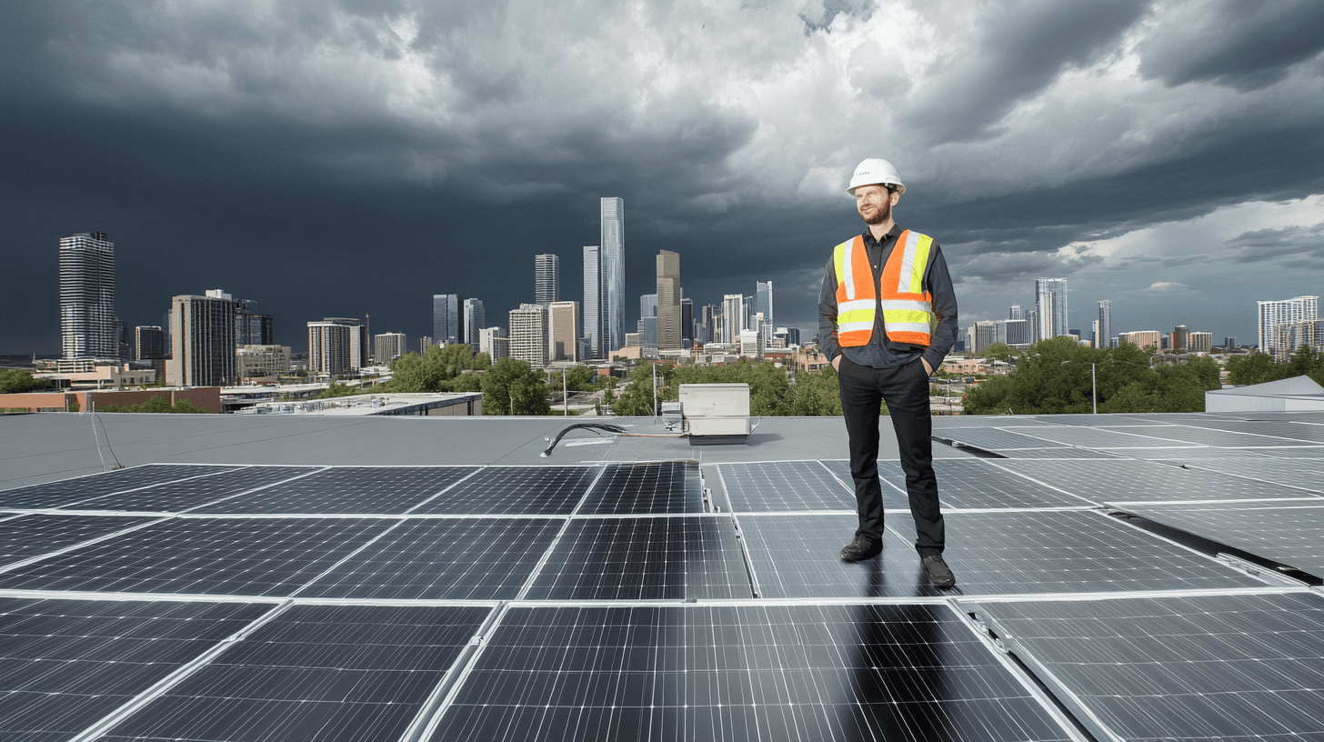 a person standing on top of solar panel of a rooftop