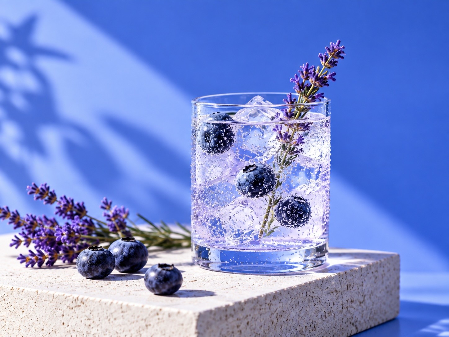 Sparkling blueberry and lavender drink with ice