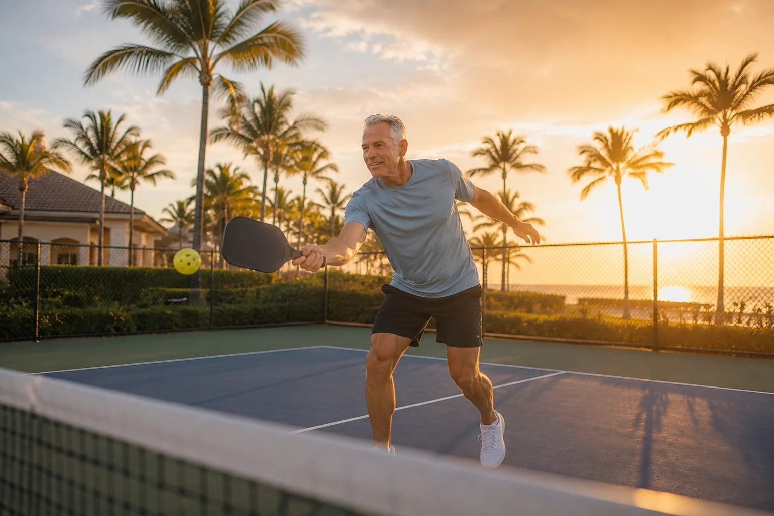 Florida Orthopedic & Spine Institute patient resource, older adult playing pickleball outdoors in Naples, Florida