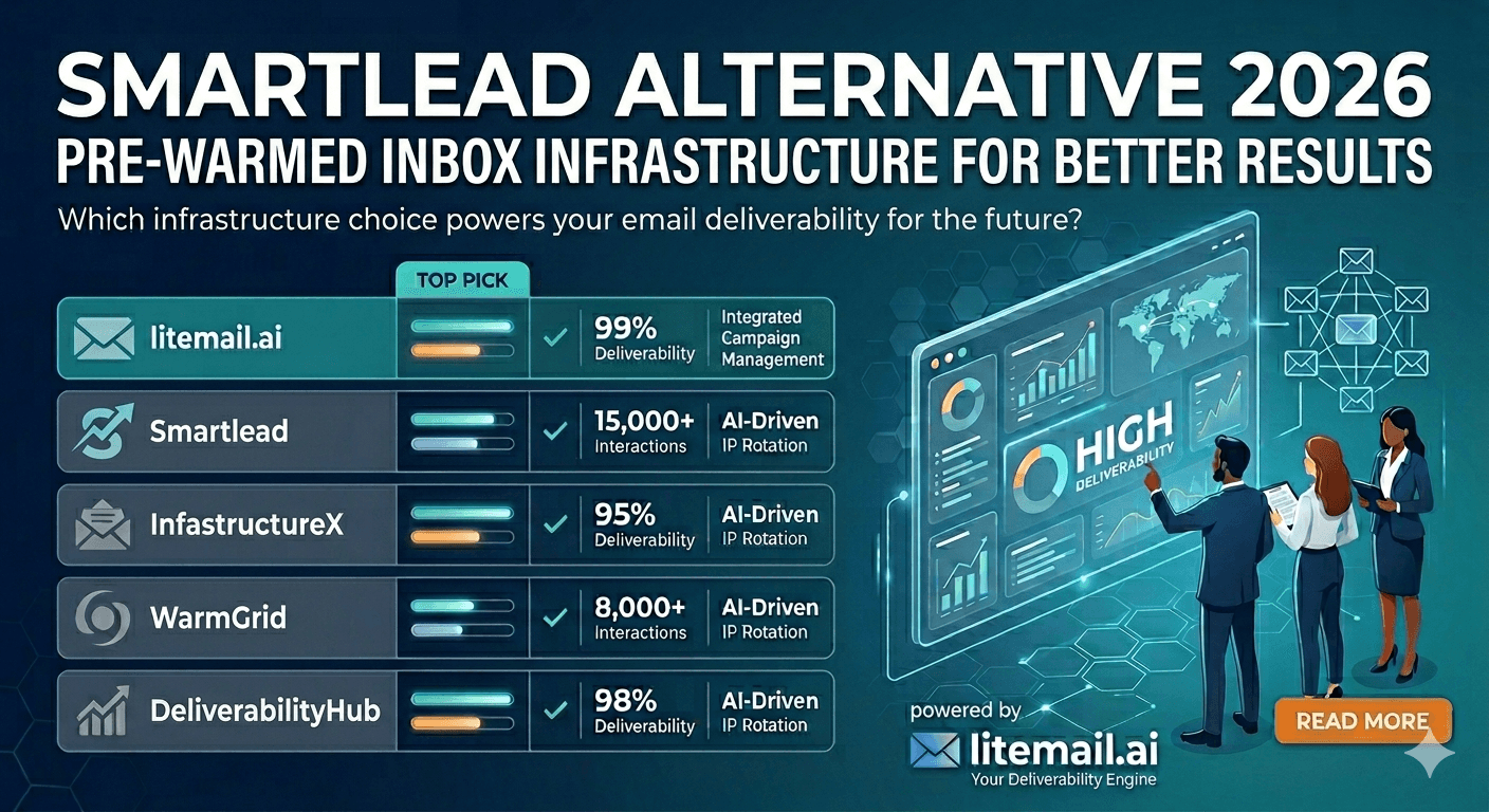 Smartlead account settings showing Litemail pre-warmed inbox connected with 94-96% placement rate
