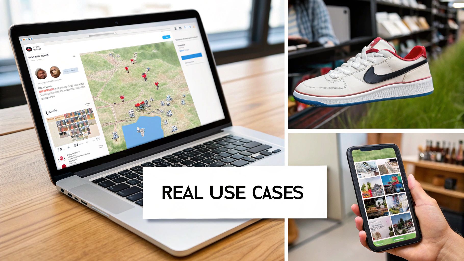 A laptop displaying a map, a Nike shoe, and a smartphone showing image grids, illustrating real use cases.