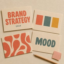 Four beige cards on a neutral background, featuring "BRAND STRATEGY 2024," color swatches, abstract patterns, and the word "MOOD."