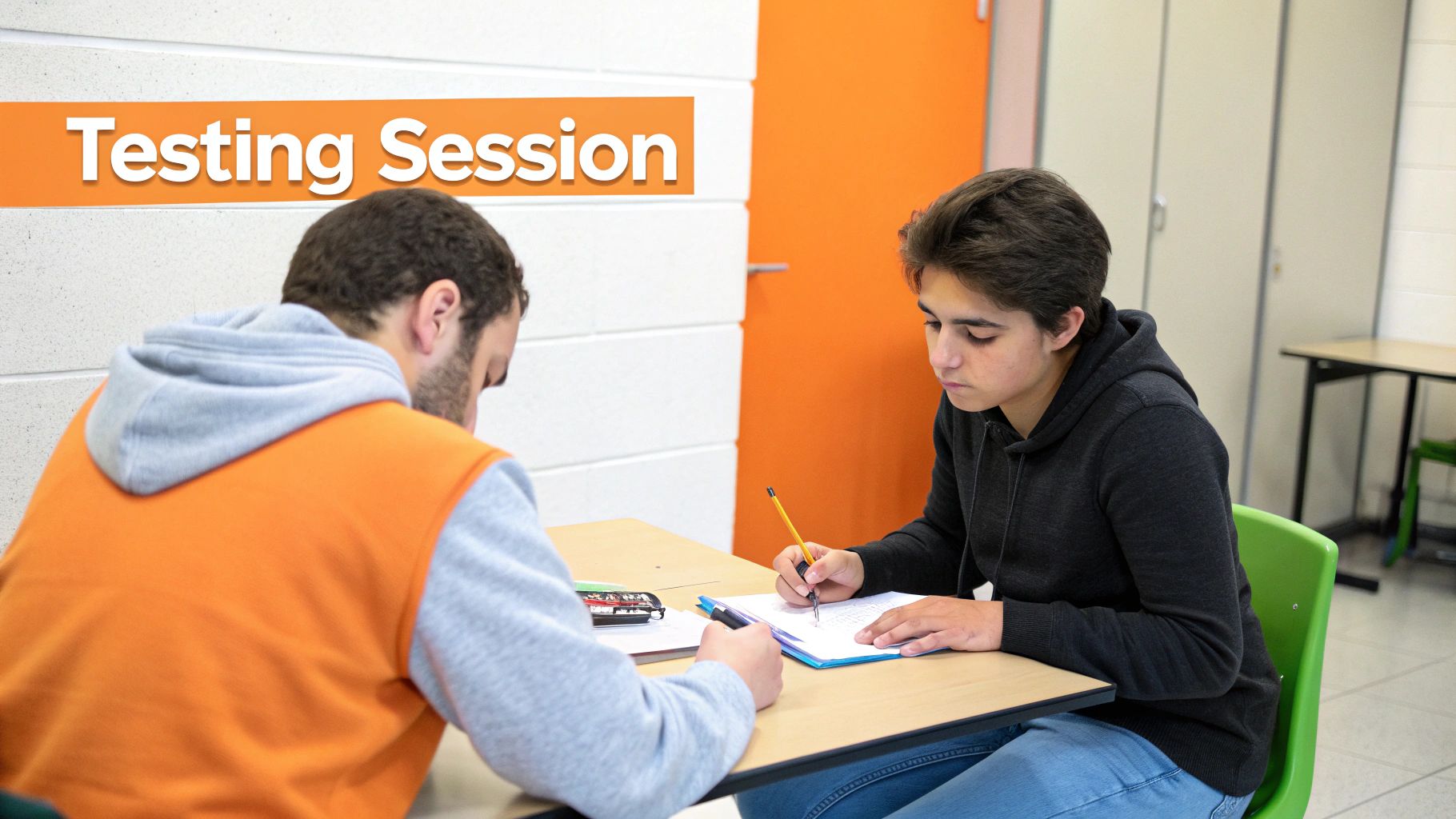 A qualified examiner administering an academic test to a young student in a quiet, well-lit room.