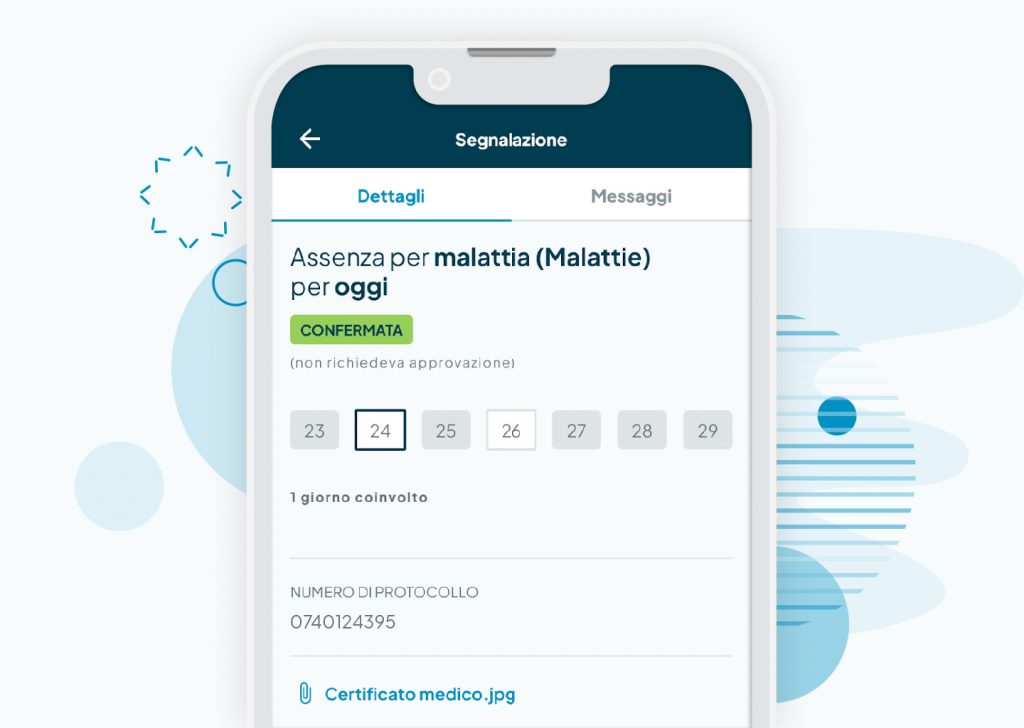 Schermata dell’app Fluida con procedura guidata per inviare un giustificativo di malattia, inclusi allegato, messaggio e numero di protocollo INPS