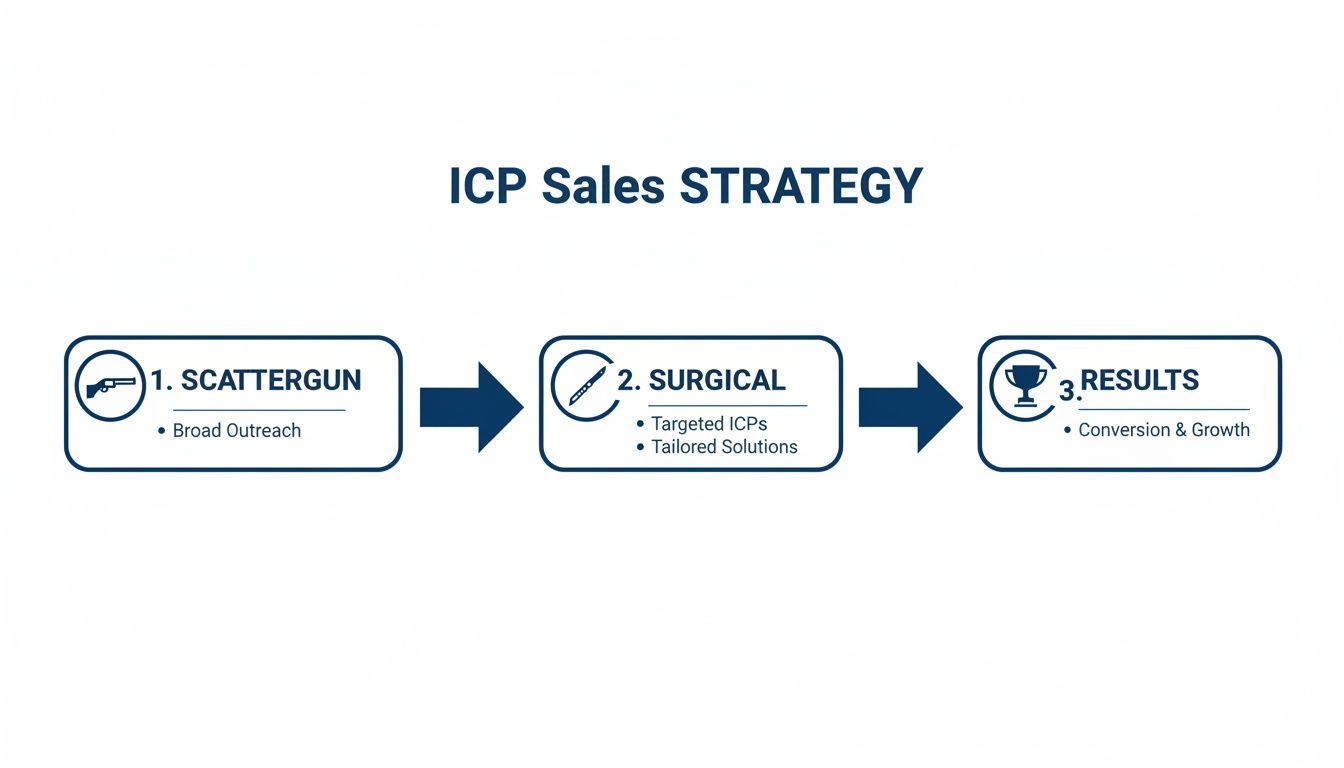 A flowchart illustrating the ICP sales strategy with three steps: Scattergun, Surgical, and Results, each with a relevant icon.