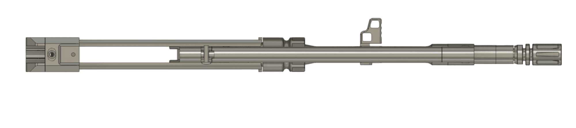 Mongoose Top View of the Retractable Brace Mechanism Retracted and Gas Operating System Showing the Integration of the Brace Rails within the Confines of the Design of the Bolt Carrier, and Therefore the Upper Receiver (not shown)