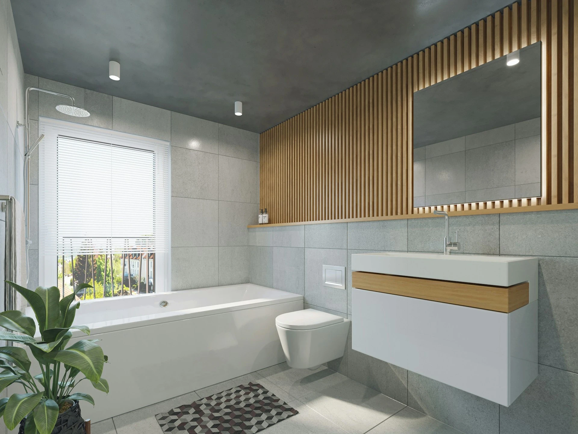 Salle de bain rénovée avec douche moderne, matériaux durables et design épuré