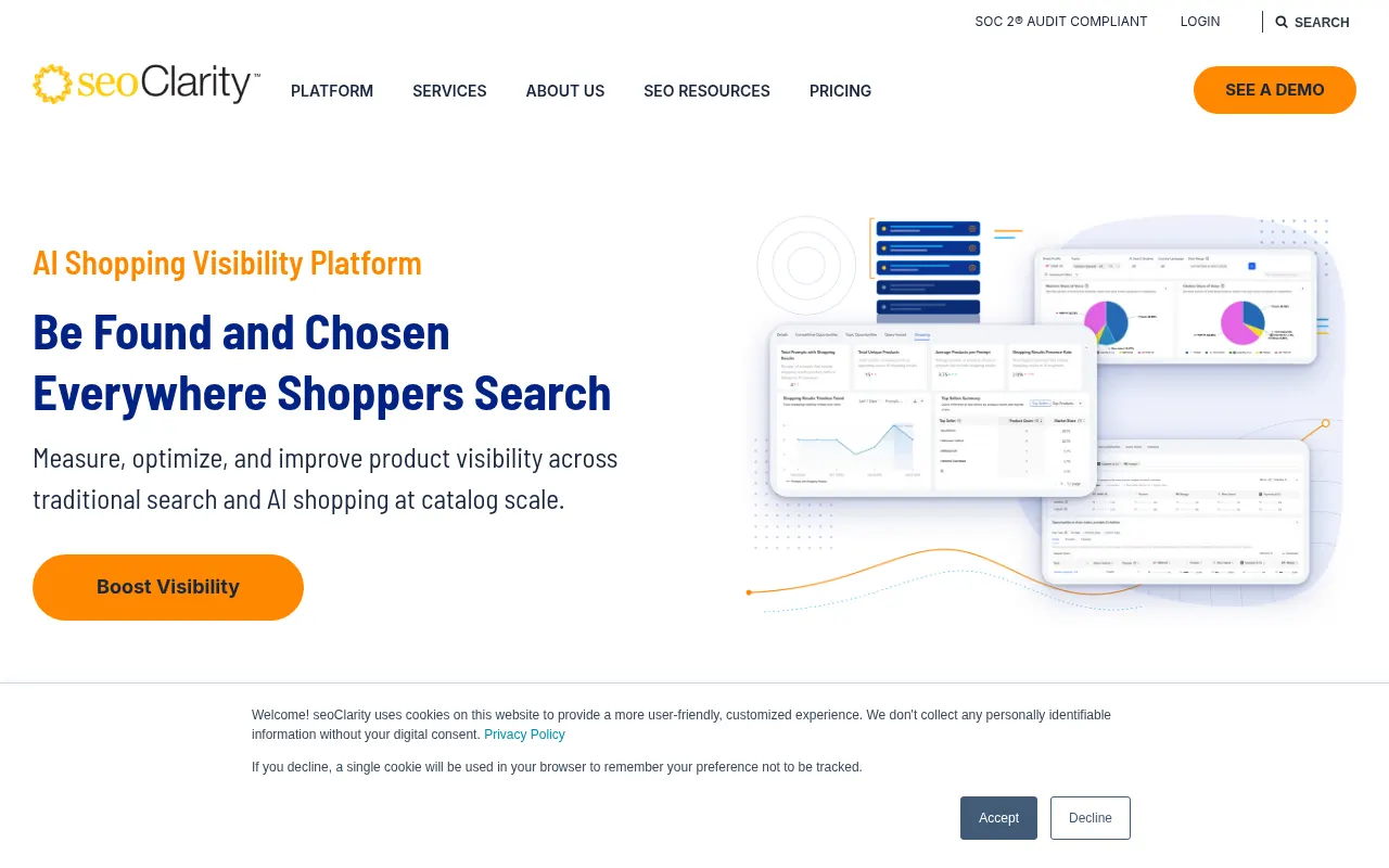 seoClarity official homepage screenshot, captured October 4, 2026