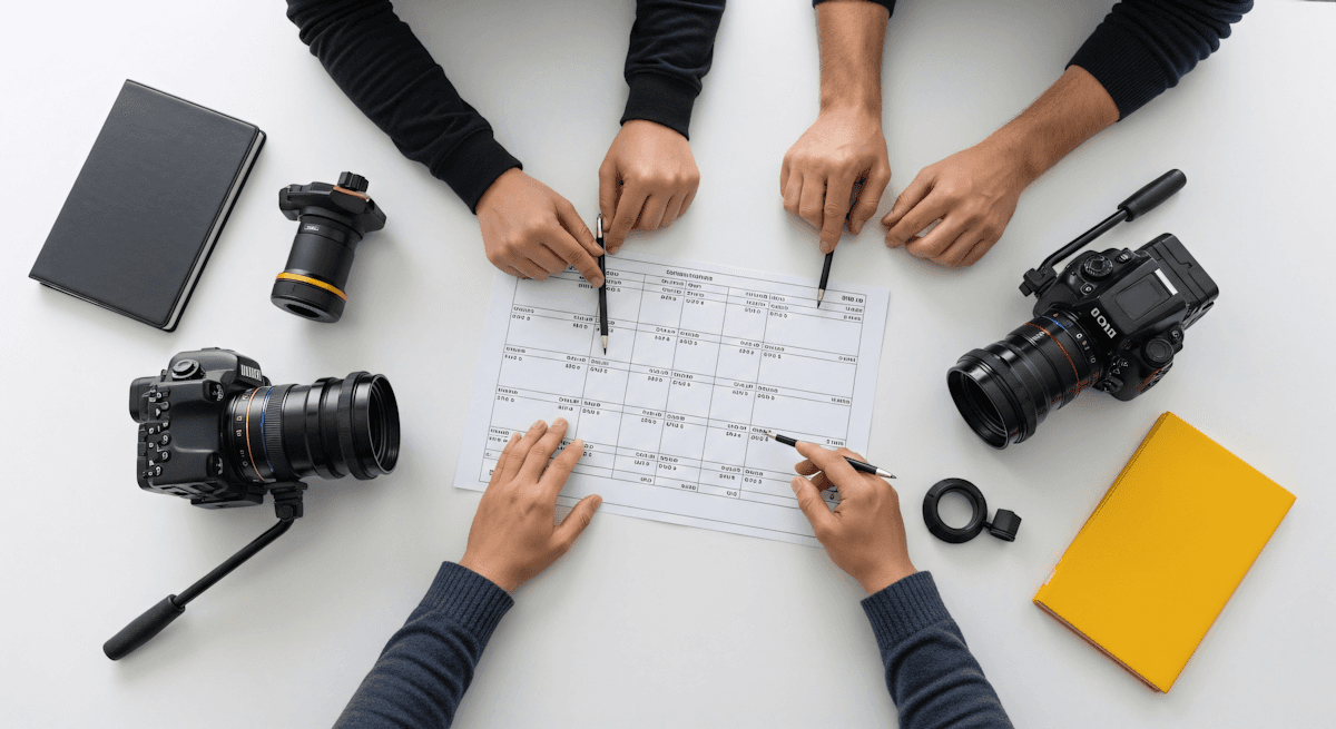 Team planning session with cameras, lenses, and a schedule on a white table, showcasing a creative photography workspace.