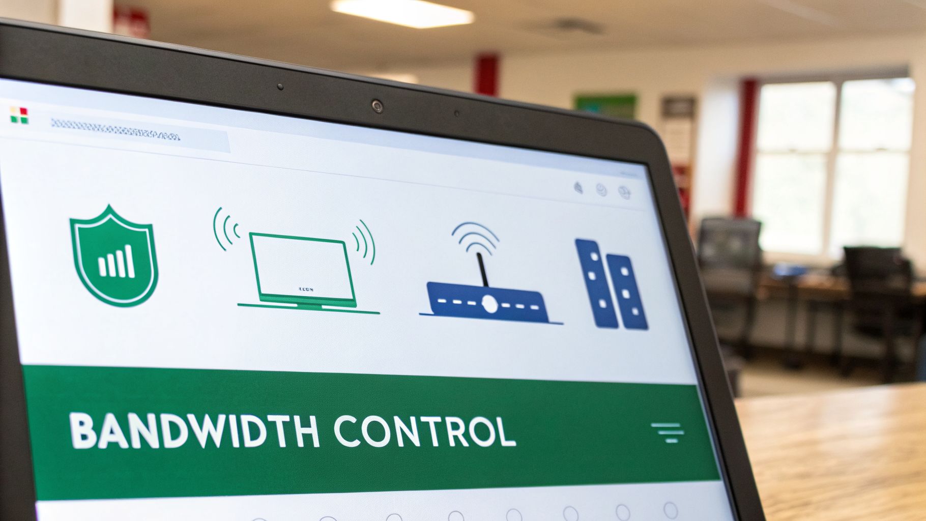 A close-up of a laptop screen displaying a 'Bandwidth Control' interface with network icons.