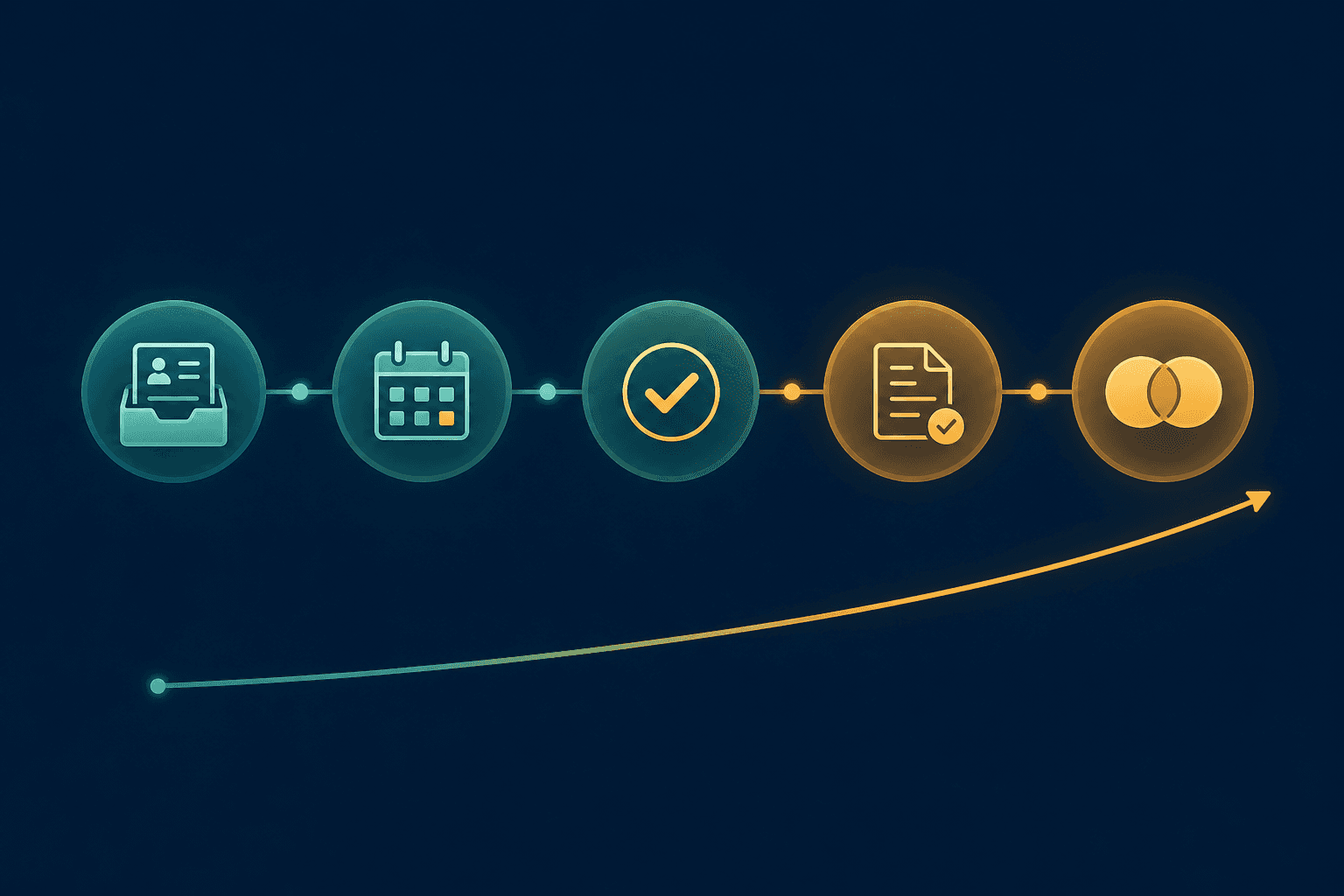 Illustration of an automated pipeline flow moving from initial inquiry through discovery, decision, and onboarding stages, representing a fully built HubSpot sales system for a growing coaching organization.
