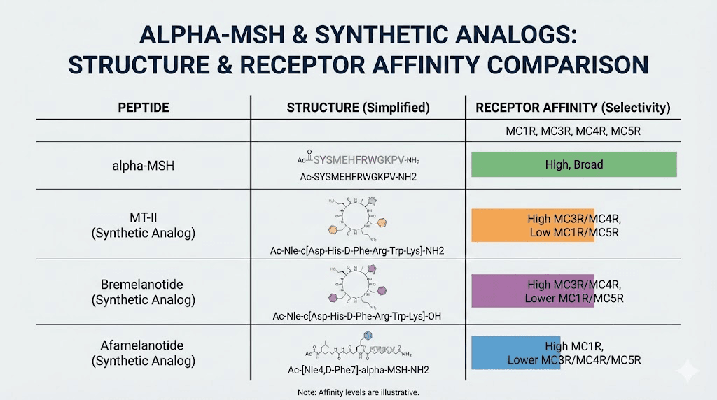 Alpha-MSH peptide and melanocortin analog comparison chart