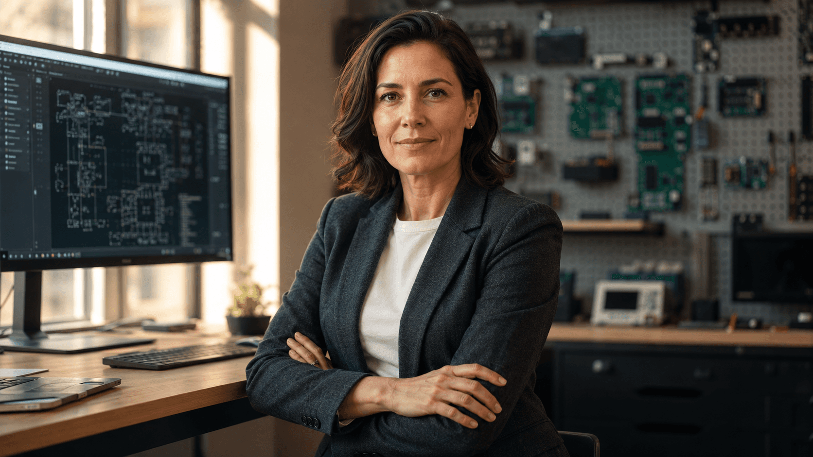 Confident female fractional CTO at hardware startup desk reviewing technical schematics — fractional CTO vs agency decision