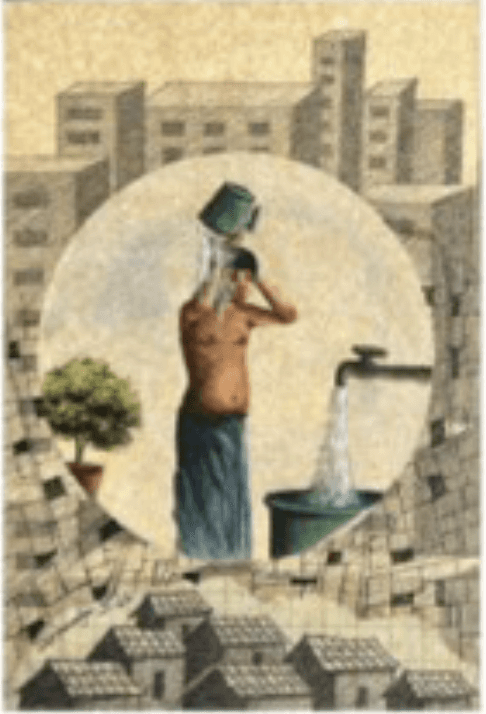 herd of sheep on road painting