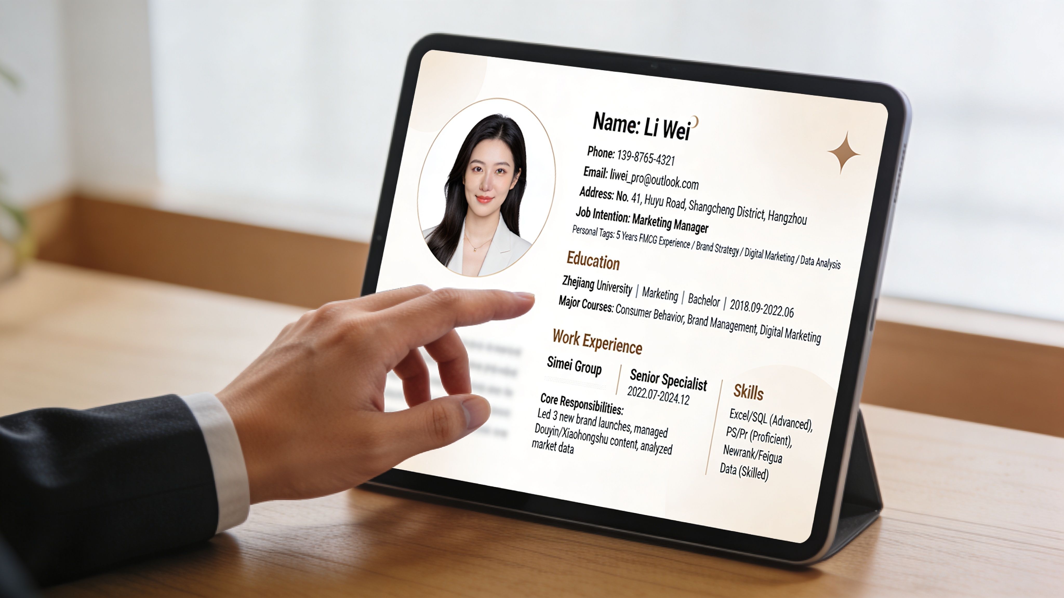 Eine Hand zeigt auf ein Tablet, das einen digitalen Lebenslauf für eine Bewerbung anzeigt.