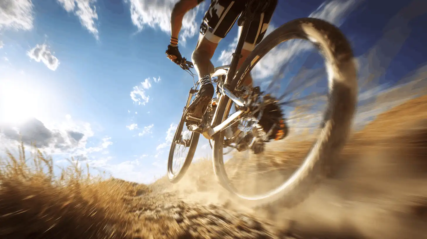 Action shot of a cyclist riding a mountain bike on a dusty trail beneath a blue sky.