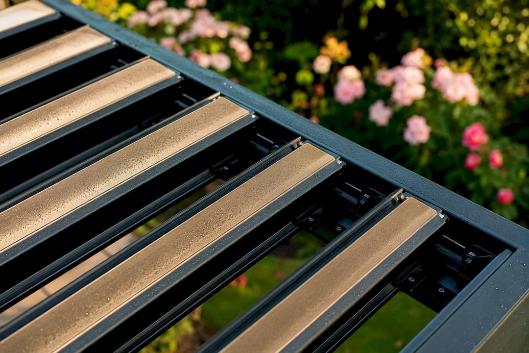 Closeup of motorized louvered pergola roof blades