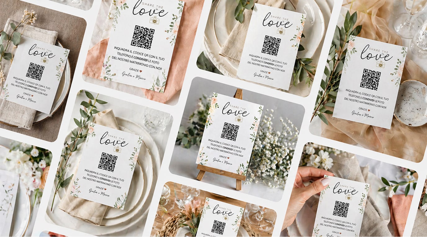 Biglietti matrimonio con QR code personalizzati, esempio di creazione e utilizzo tramite l’app di togevent per condividere facilmente contenuti e ricordi dell’evento.