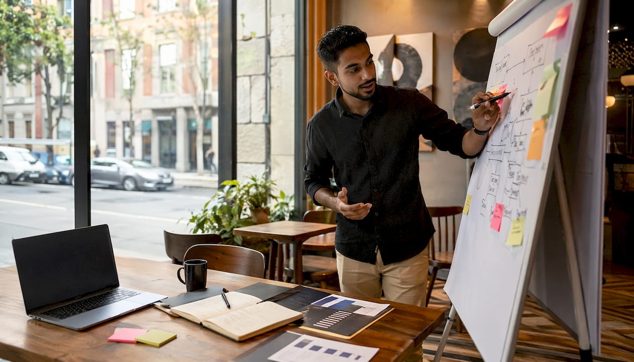 Marketer presenting channel selection criteria on whiteboard