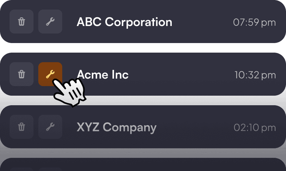 A dark-themed interface shows three entries labeled Anna, John, and Marcus with timestamps. A cursor hovers over a wrench icon next to John's name.