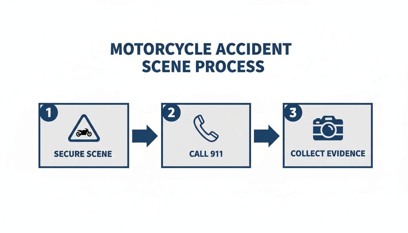 Flowchart detailing three steps for a motorcycle accident scene: secure, call 911, collect evidence.