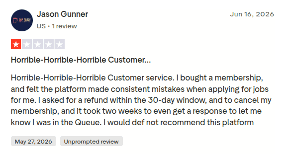 1-star LazyApply review about a delayed refund and application mistakes