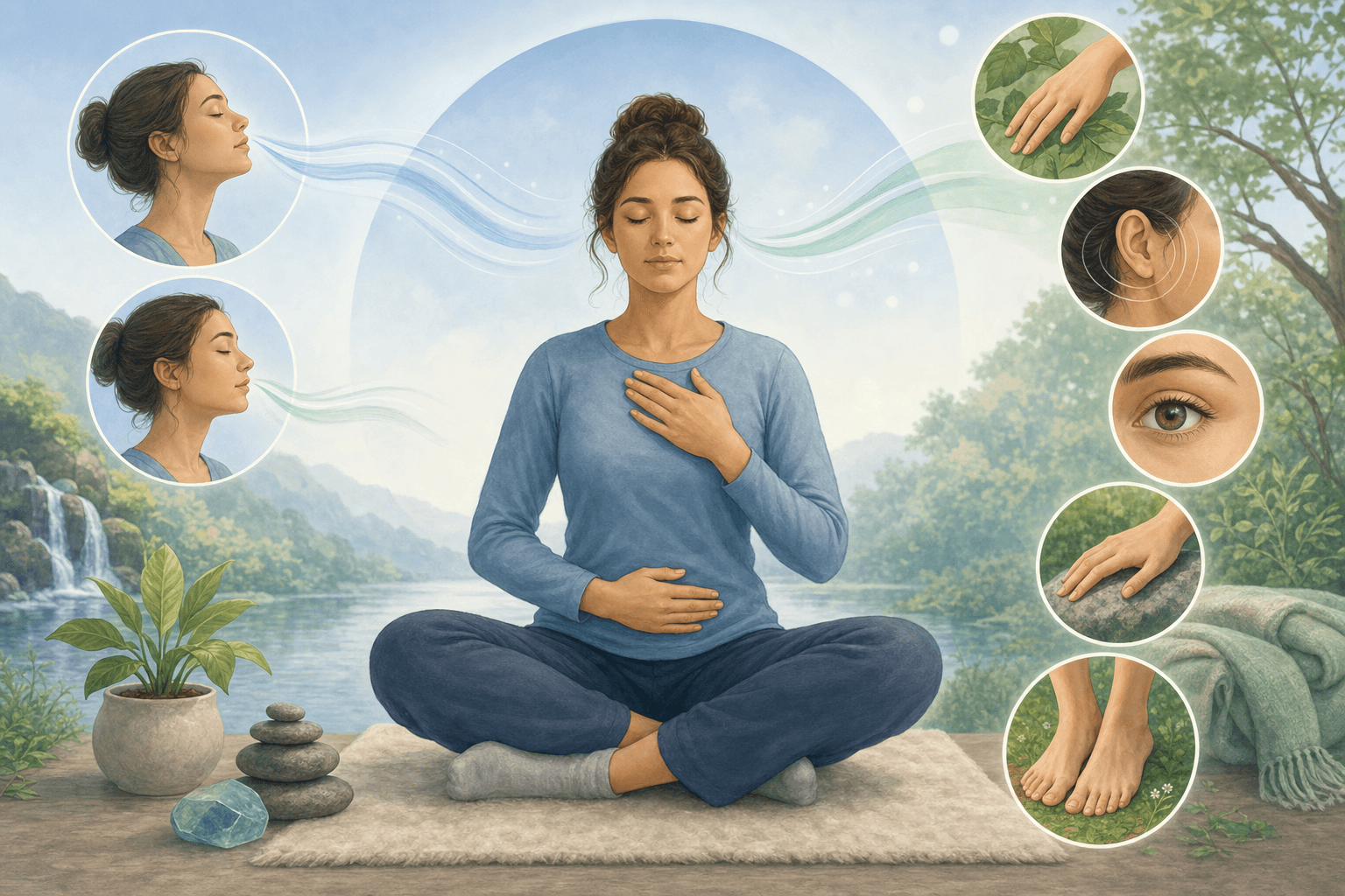 A calming illustration showing breathing and grounding techniques during a panic attack. Depict a person sitting in a calm posture with visual elements representing slow, controlled breathing - perhaps flowing lines or gentle waves showing the rhythm of deep breaths. Include subtle visual cues for staying present and grounded, like a stable seated position. Use soothing colors like soft blues, greens, and neutral tones. The style should be calming, reassuring, and medical-illustration quality. No text, words, or letters.