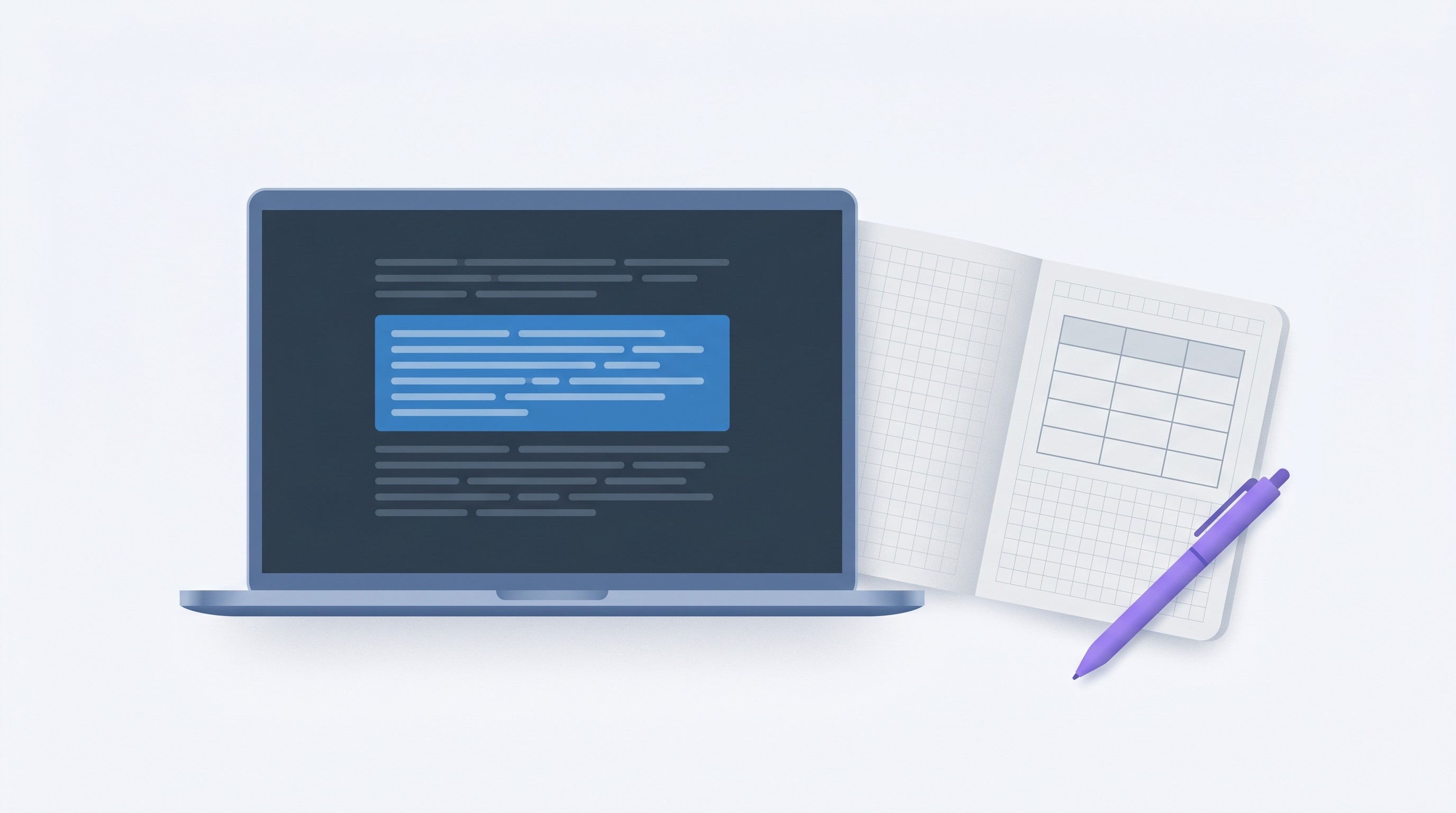 Laptop with highlighted paragraph and notebook table