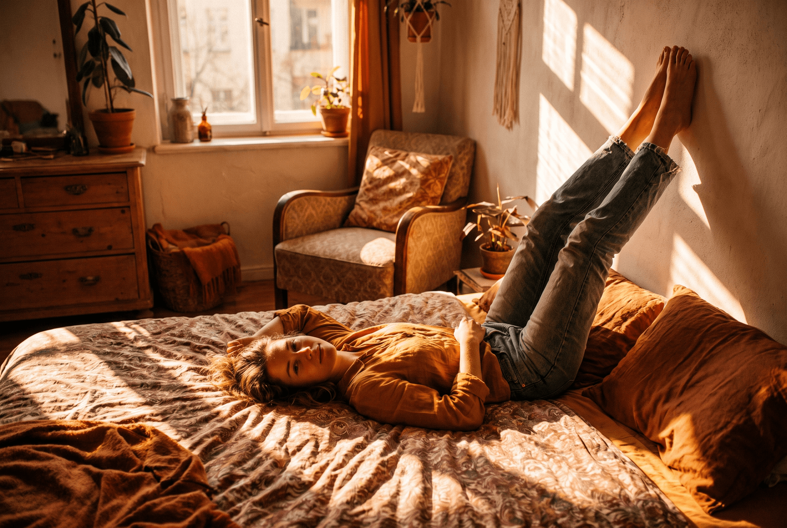 A woman lying on a bed with legs propped up against the wall to rest during a POTS flare, warm golden light