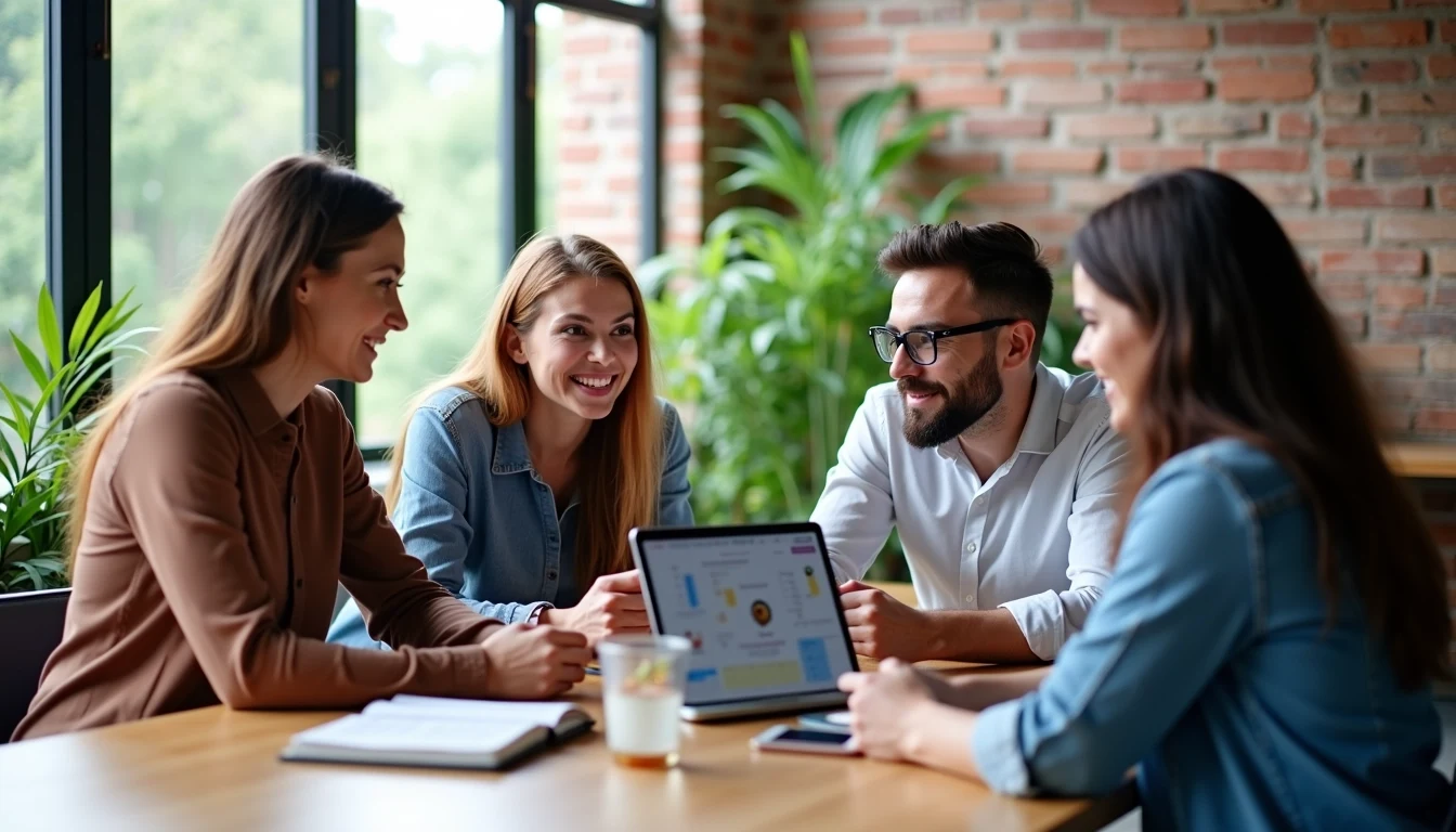 4 people sitting around a laptop, either looking at the laptop or each other, smiling.