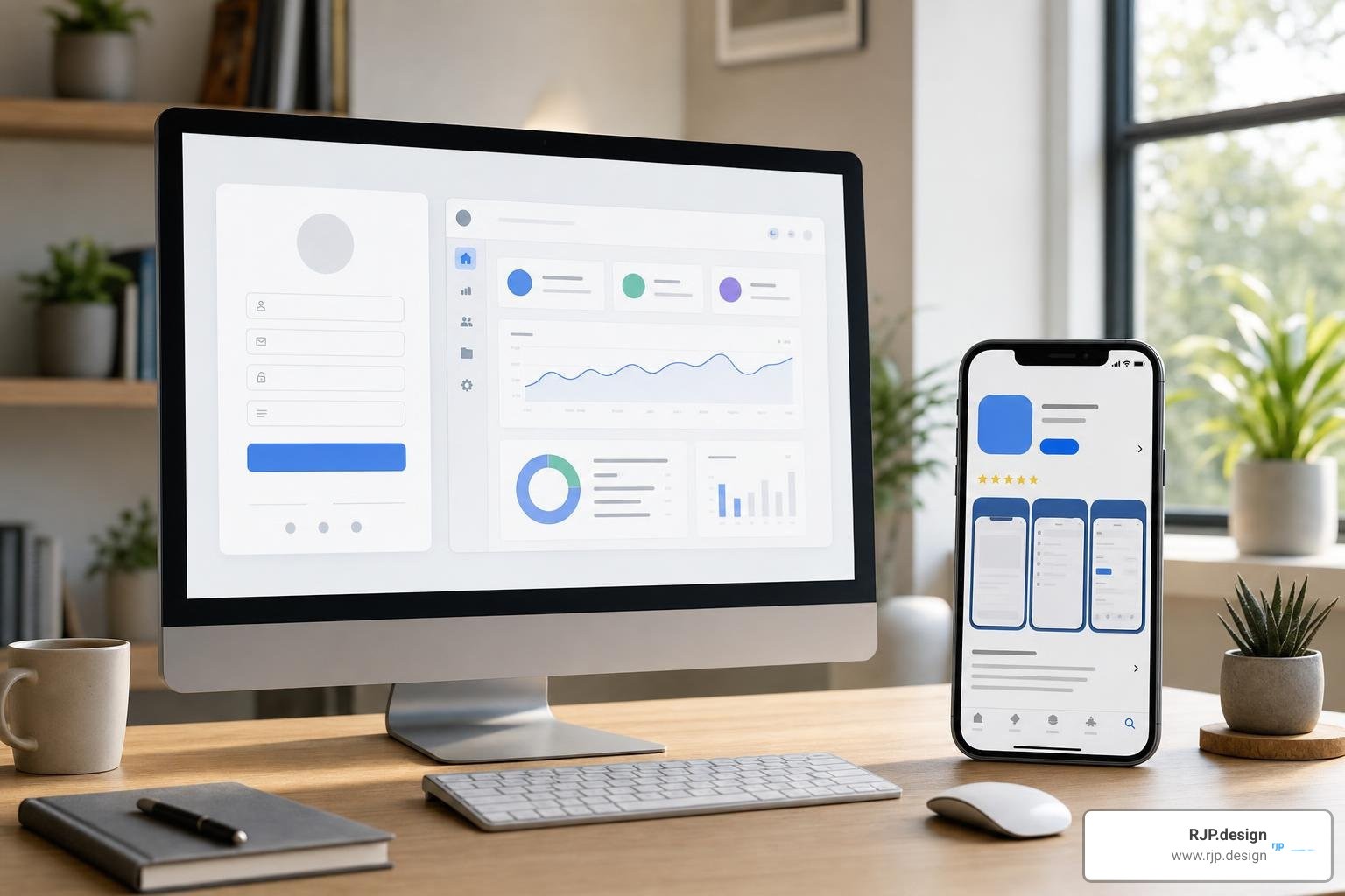 Side-by-side comparison between desktop web app onboarding and mobile app store pages