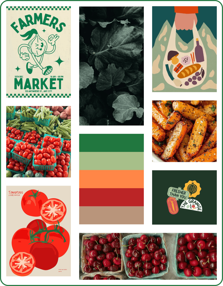 A collage of farmers market-themed images, including posters, photographs of vegetables, color blocks, and digital illustrations.
