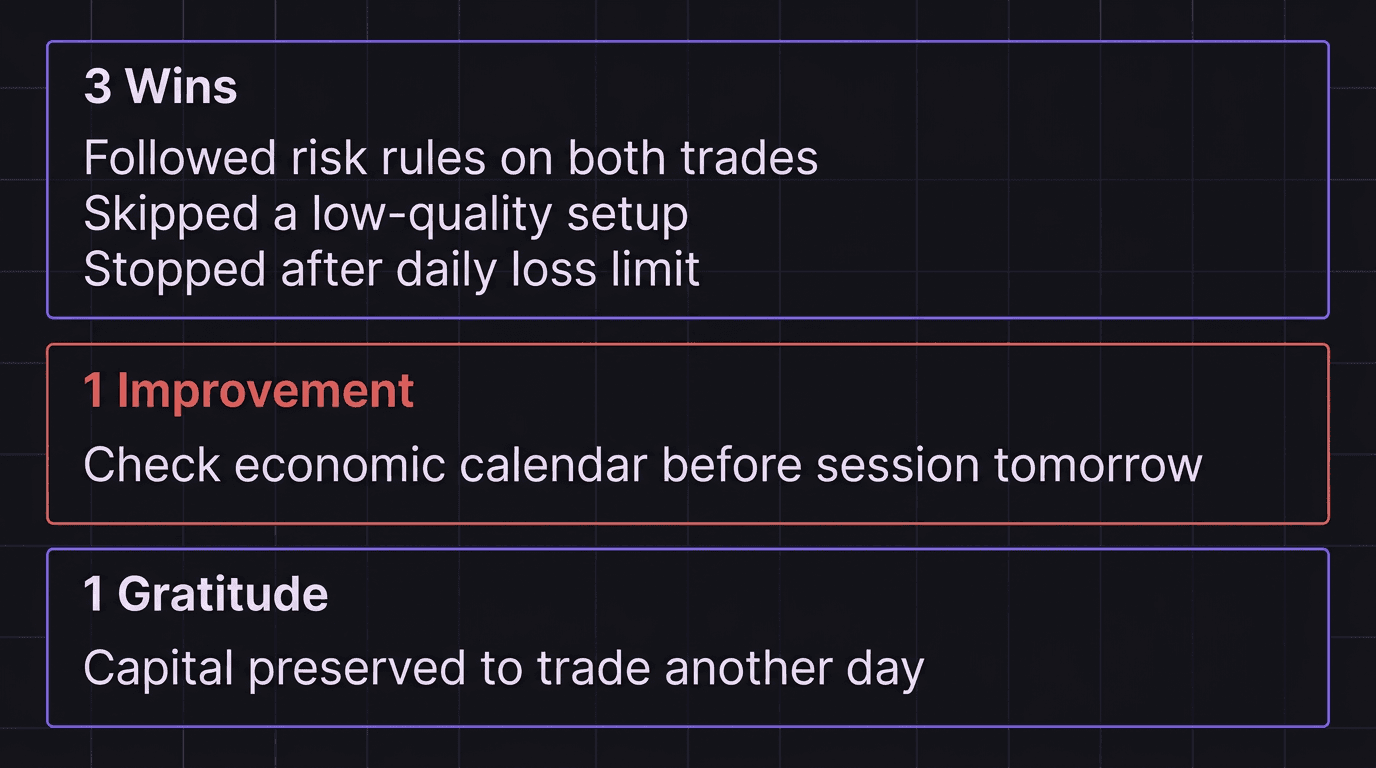 Diagram showing the daily reflection structure with three wins, one improvement, and one gratitude entry