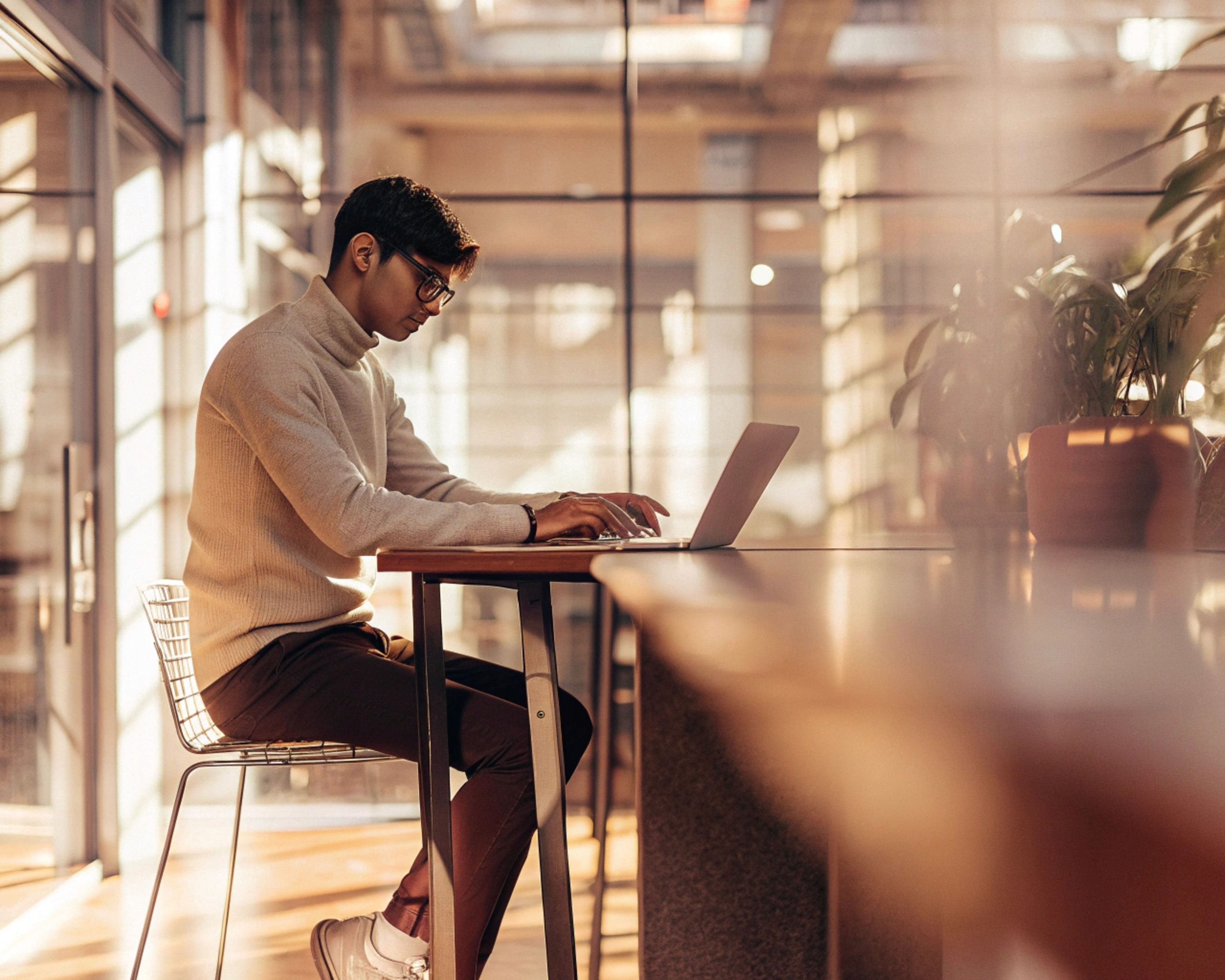 Man in glasses working on laptop at a desk, sunlit building. Focused on keyboard, wearing a neutral-colored sweater.