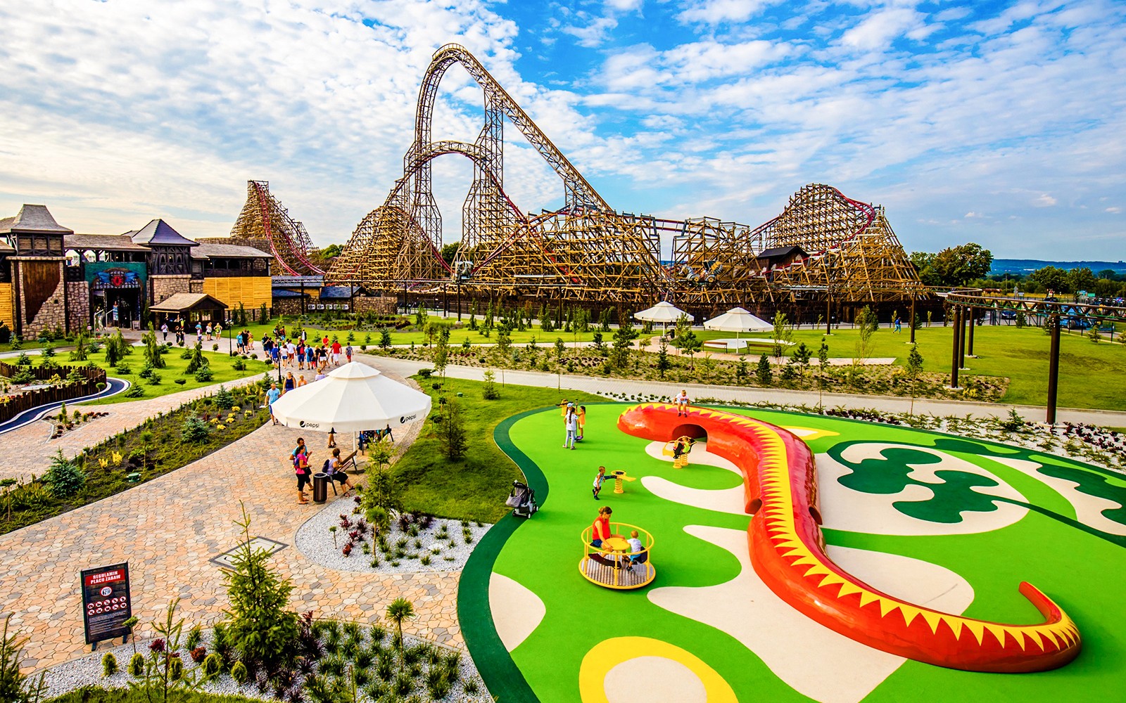 Roller coaster and play area at Energylandia Amusement Park, Poland.