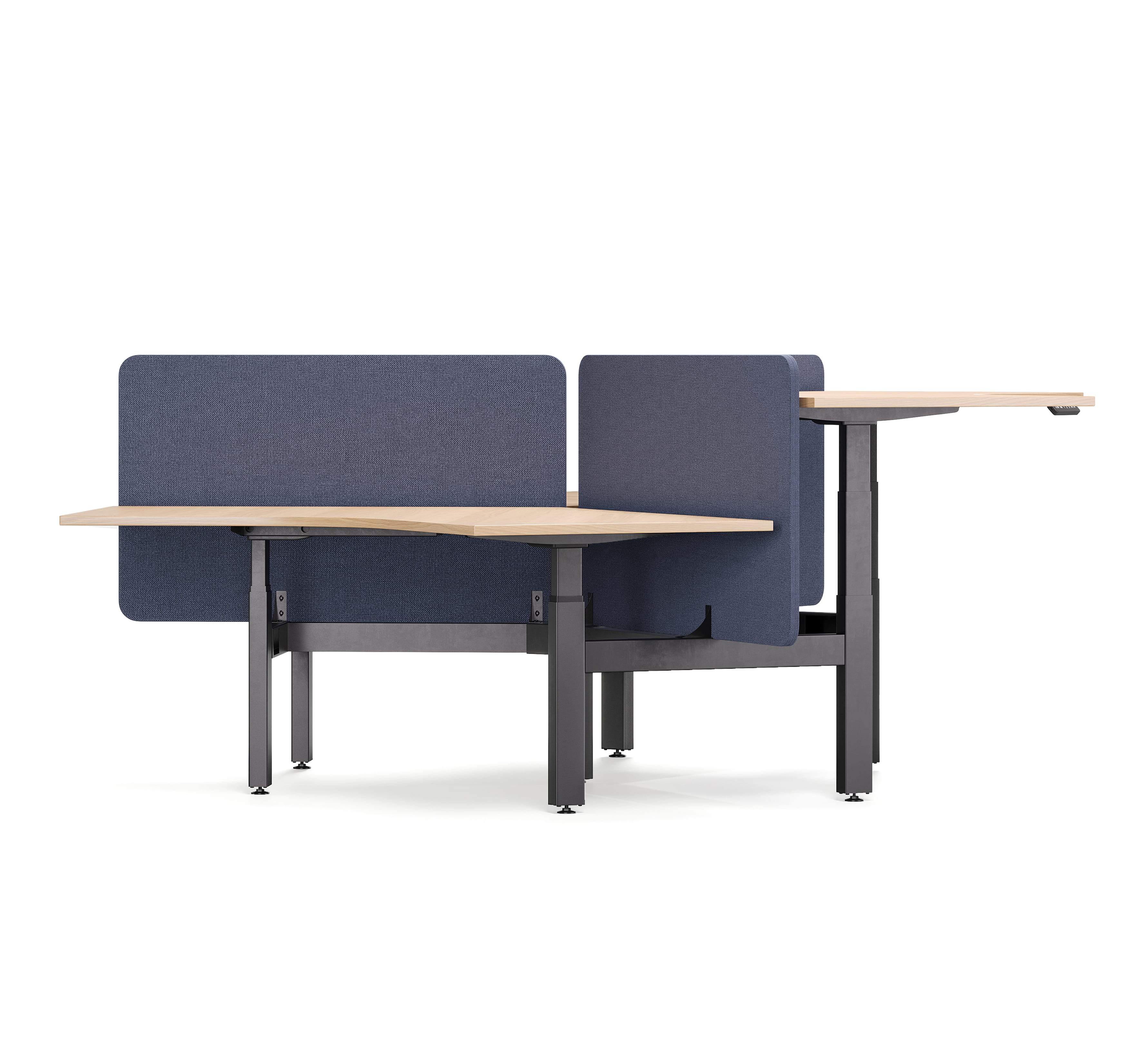 Angled view of modular desk with privacy screens and rotating workspace layout