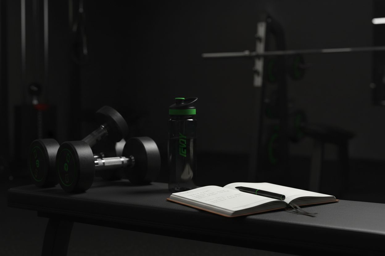 Workout notebook next to gym equipment
