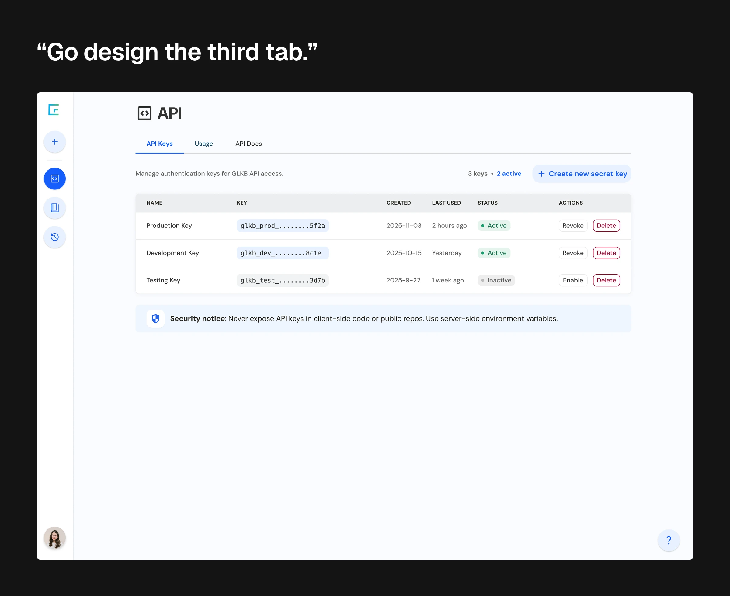 Headed with the brief as a quotation: “Go design the third tab.” Beneath it, the GLKB API console as it stood: a left rail of icons, a page headed API, and three tabs reading API Keys, Usage and API Docs, with API Keys open. A line reads Manage authentication keys for GLKB API access, beside a count of 3 keys · 2 active and a Create new secret key button. A table lists a Production Key, a Development Key and a Testing Key with their masked key strings, created dates, last-used times, a status of Active, Active and Inactive, and Revoke, Enable and Delete actions. A security notice sits beneath, warning never to expose API keys in client-side code or public repos. Below that the screen is empty for roughly half its height.