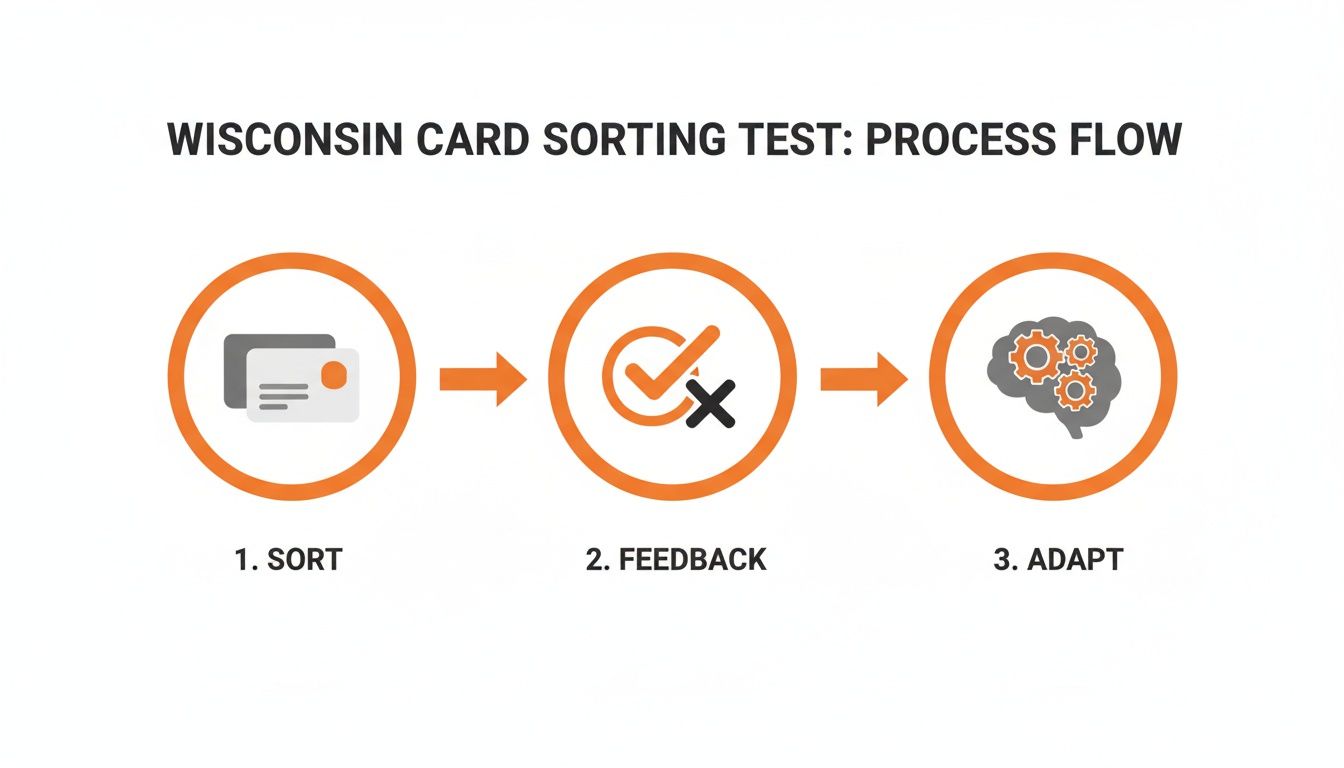 A process flow diagram for the Wisconsin Card Sorting Test with three steps: Sort, Feedback, and Adapt.