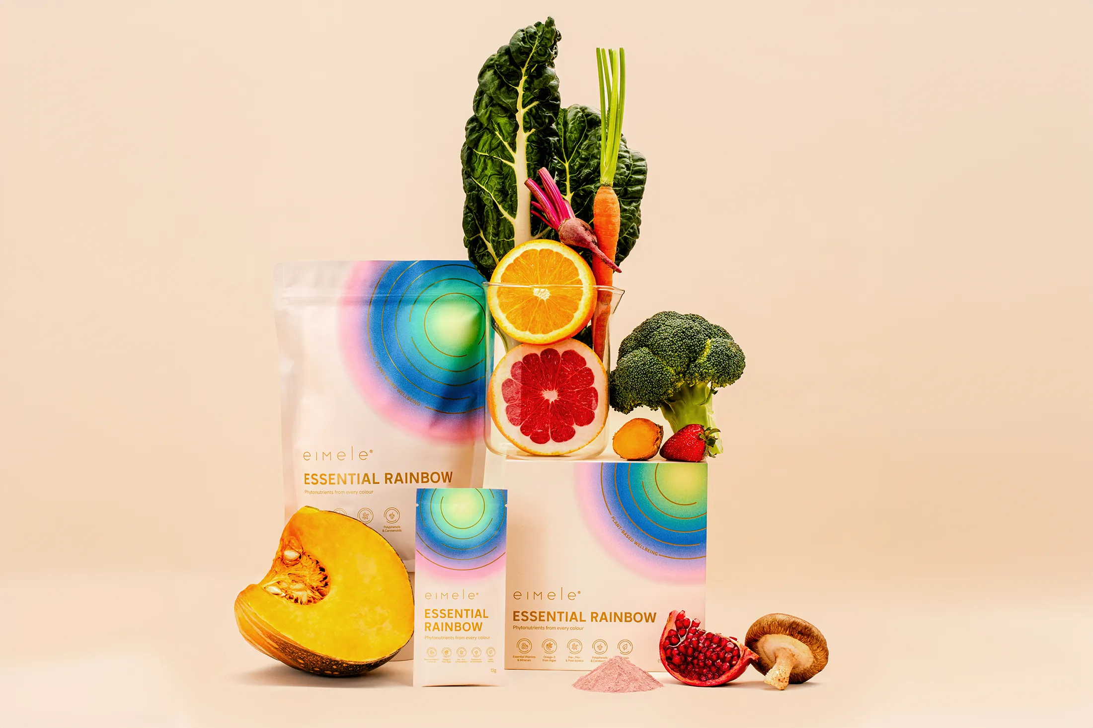 Packaging and product campaign visual for Eimele Essential Rainbow.