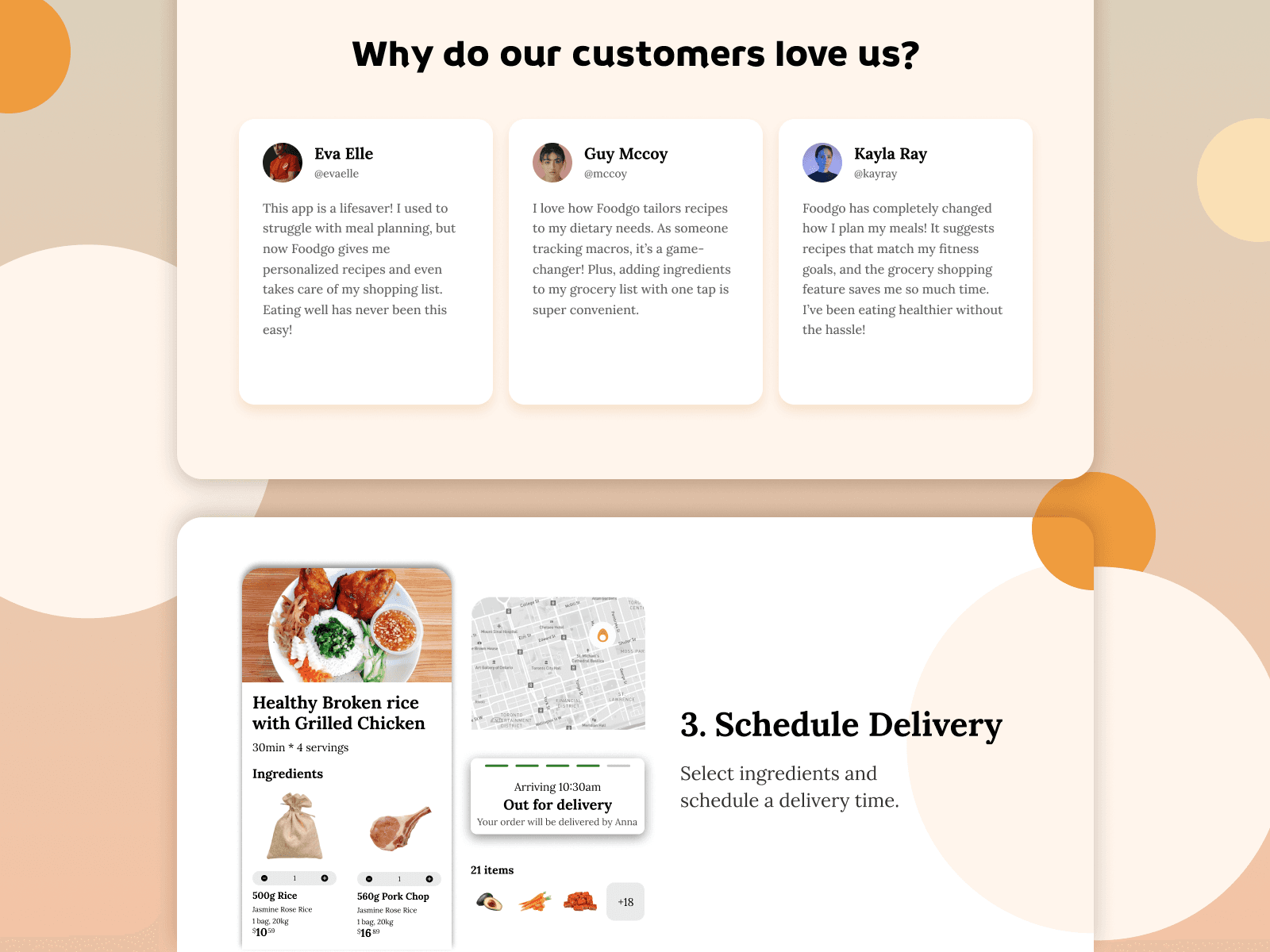 A clean, minimalist user interface card from the Foodgo landing page design, set against a dark gray background framed by a stark black arch. The card features bold white and black typography that reads 'FOR FOOD LOVERS' followed by the main headline 'Your favorite recipes & shopping lists in one place