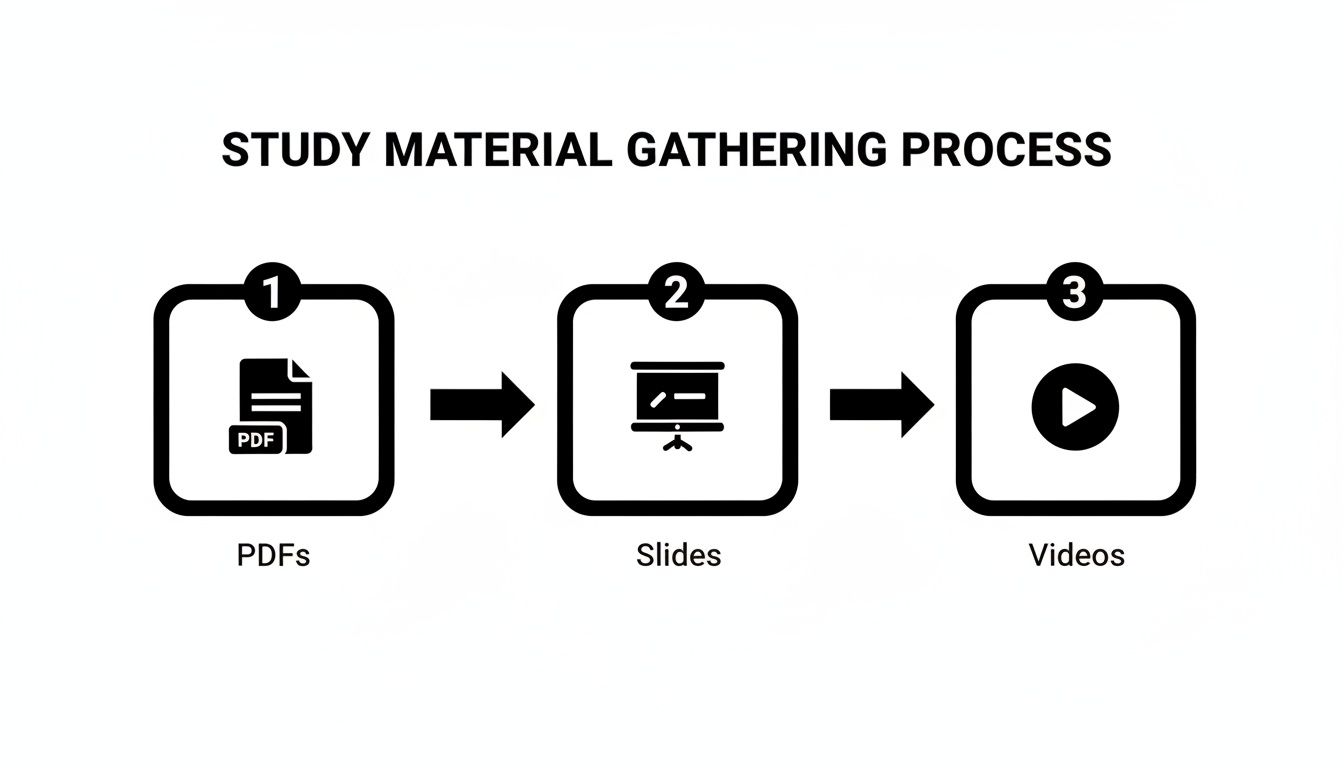 Flowchart illustrating the study material gathering process, including PDFs, slides, and videos.
