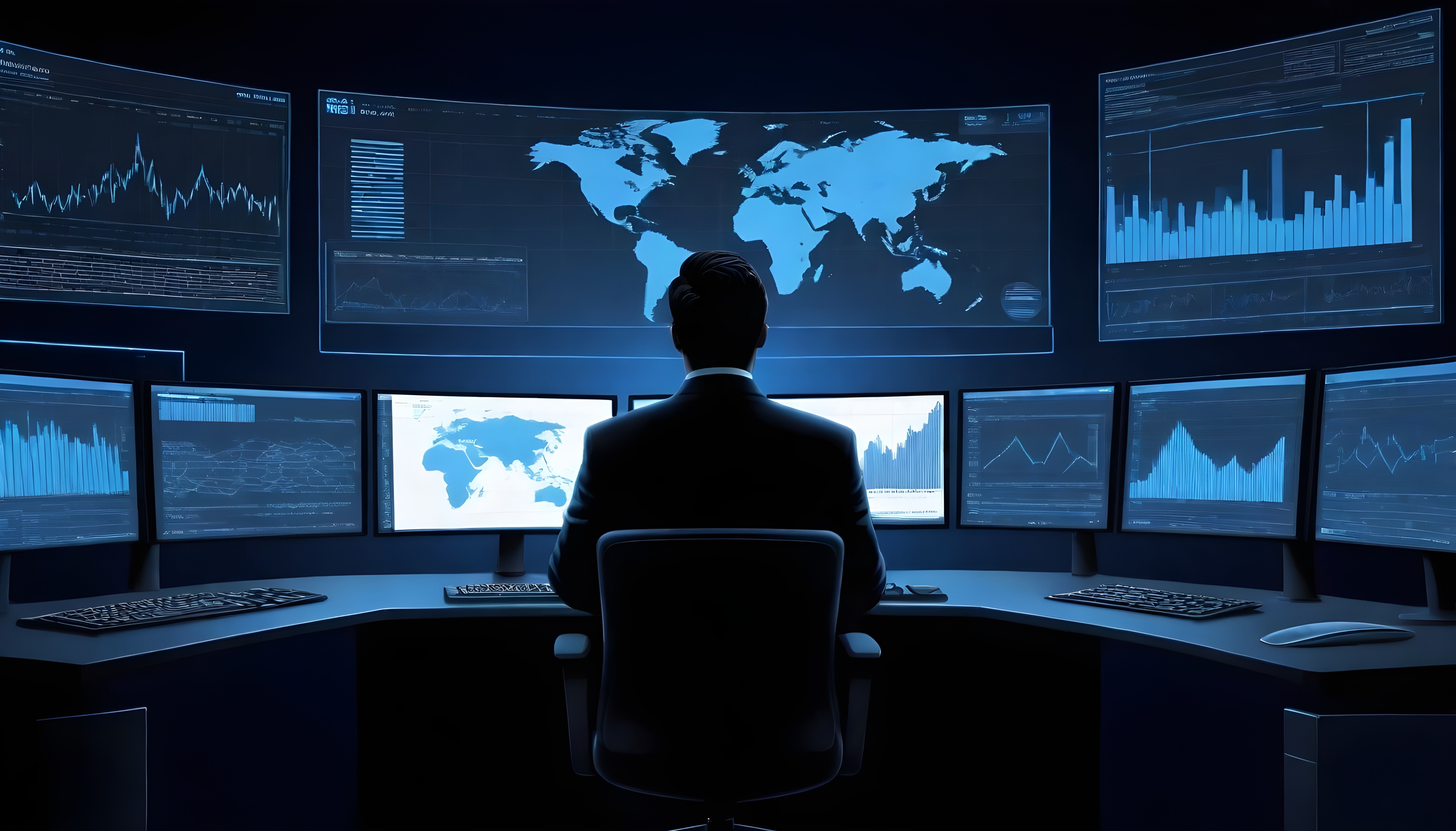 Analyst seated at a multi-screen monitoring desk displaying global maps and risk dashboards, representing continuous sanctions screening and the importance of managing watchlist data for stronger compliance.